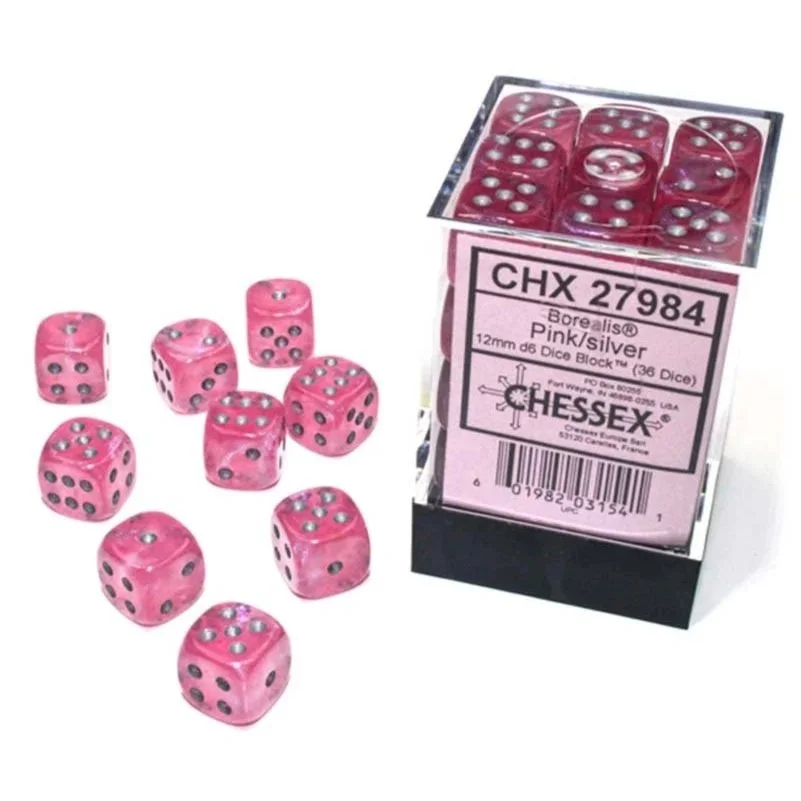 Chessex-%E2%80%93-Borealis%C2%AE-12mm-d6-Pinksilver-Luminary%E2%84%A2-Dice-Block-36-dice.jpg