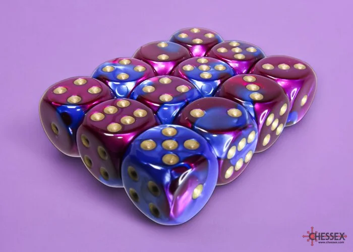 Chessex CHX 26628 D6 Gemini 16mm d6 Blue-Purple/gold Dice Block (12 dice)