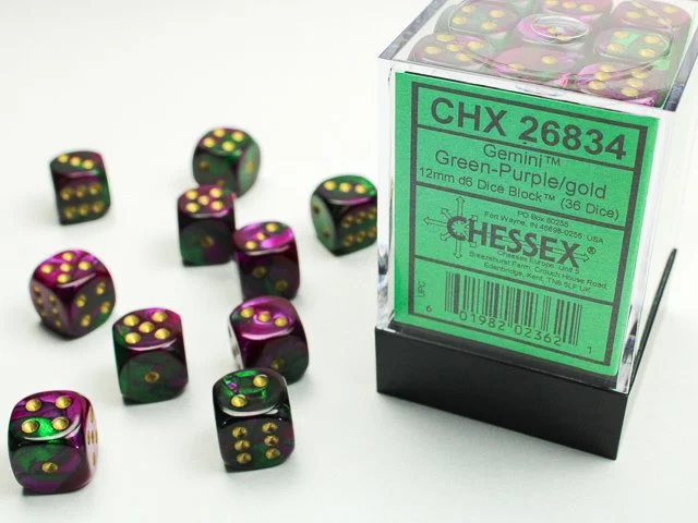 Chessex CHX 26834 Gemini Green-Purple/gold 12mm d6 Dice Block (36 dice)