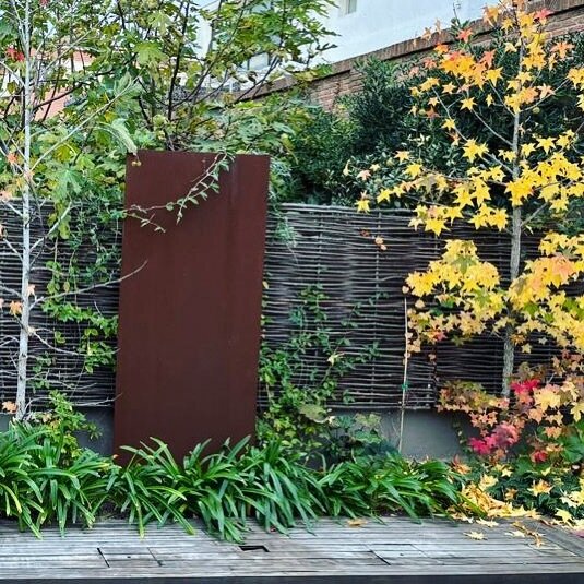 Hazel trellis, steel and liquidambars painting the scene in one of our #gardens in #santcugat

#landscaping by @lartdeljardi