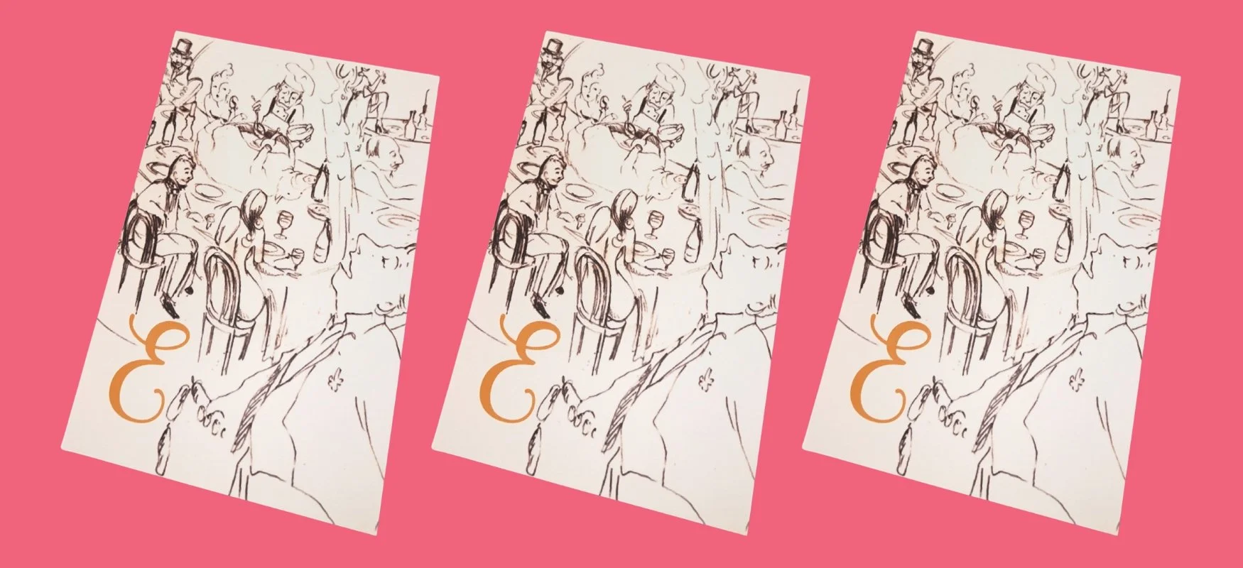 Trattoria Emilia gift cards featuring a hand-drawn illustration of an Italian dining scene, shown in a trio on a vibrant pink background. Each card includes a bold orange “E,” capturing the restaurant’s signature style and festive atmosphere.
