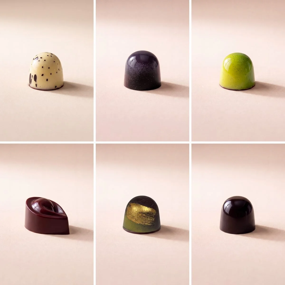 The six bonbons in tasting order, from Yogurt and Vanilla to Espresso