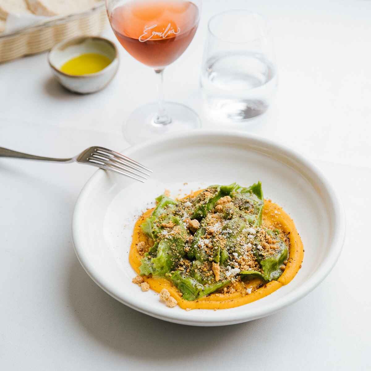 Vegetarian tortelloni with pumpkin puree at Trattoria Emilia in Melbourne