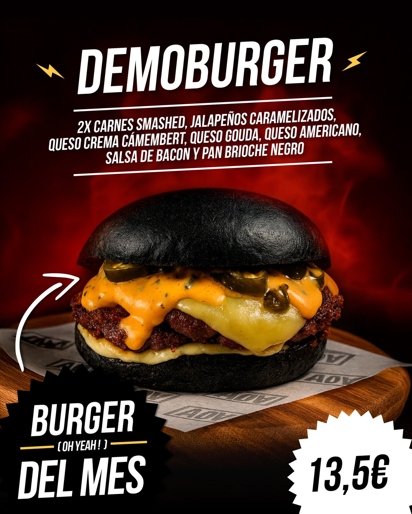 BURGERDELMES 👉🏻 #DEMOBURGER 
Doble smash, mucho mucho queso, jalape&ntilde;o caramelizado, salsa bacon y pan brioche negro&hellip; directa desde el #Upsidedown

#yunquefactory #smashburger #elbierzo #ponferrada #bierzo #cerveza #planesponferrada