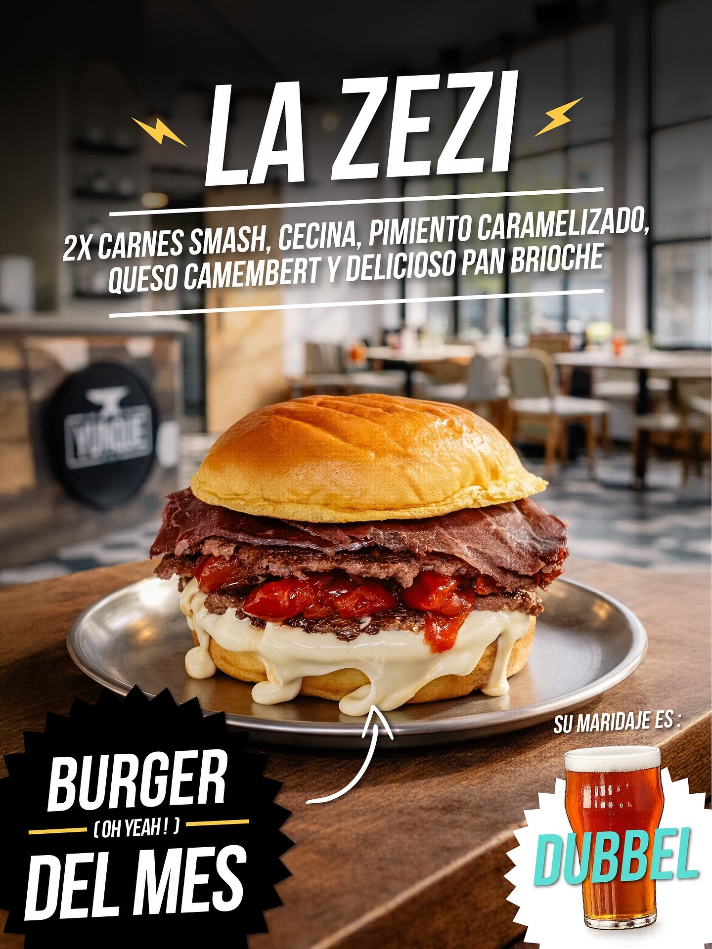Nueva Burger del mes 👉🏻🧨 LA ZEZI 🔥
2 carnes smash, cecina, pimiento caramelizado, queso camembert y delicioso pan brioche!

&iexcl;Ya disponible! &iquest;Te atreves?
#yunquefactory #ponferrada #elbierzo #smashburger #bierzo