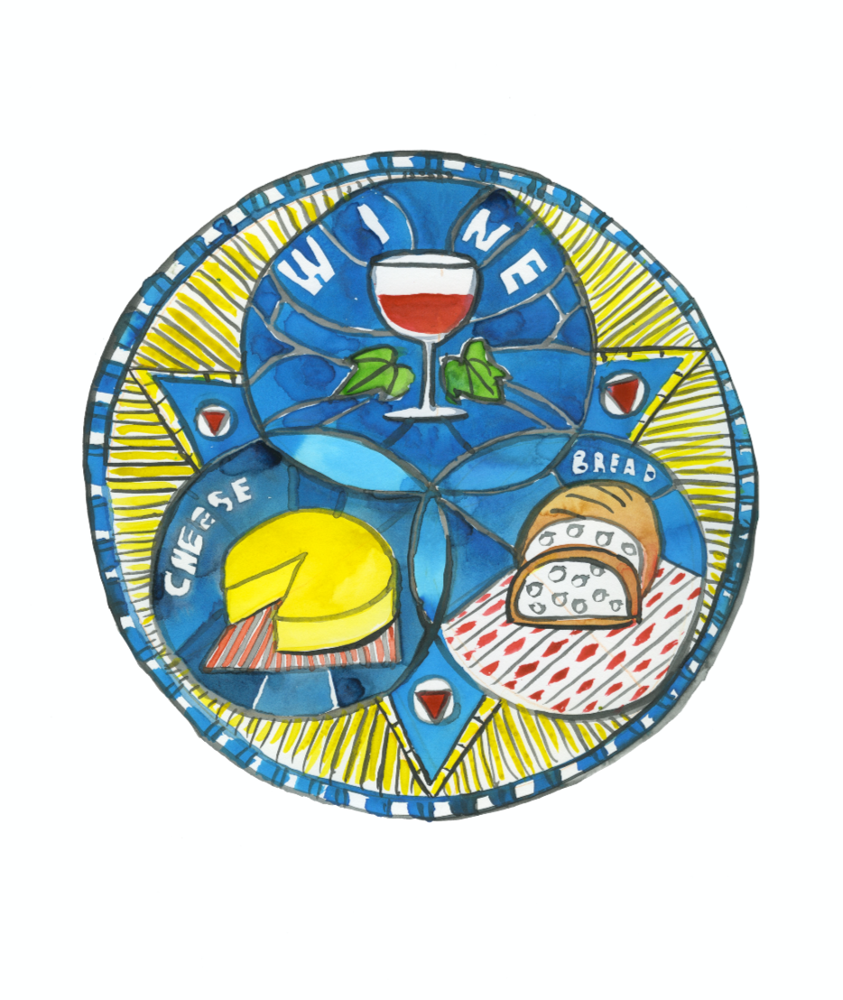 Colorful illustrated board game with a wine glass, cheese, and bread depicted on the board.