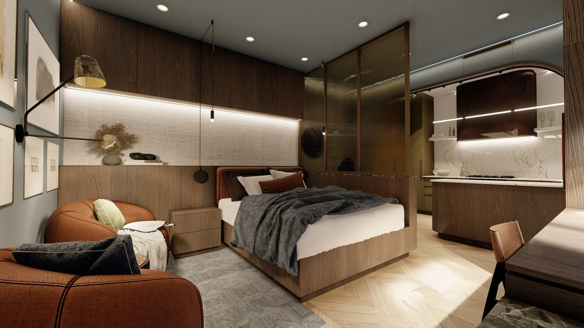 UNION APT OPT 1.1_BEDROOM - BED + KITCHEN VIEW.jpg