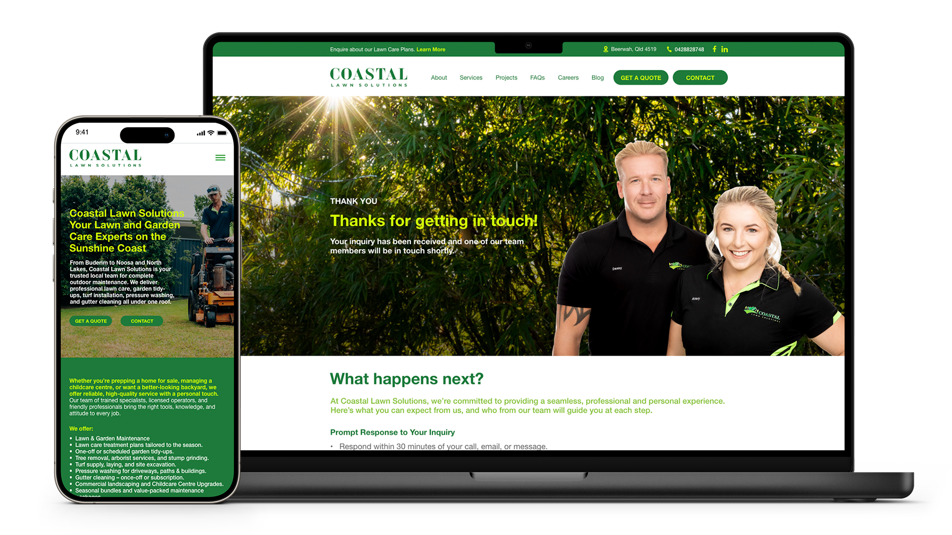 Laptop displaying the homepage of a website called Coastal Lawn Solutions.