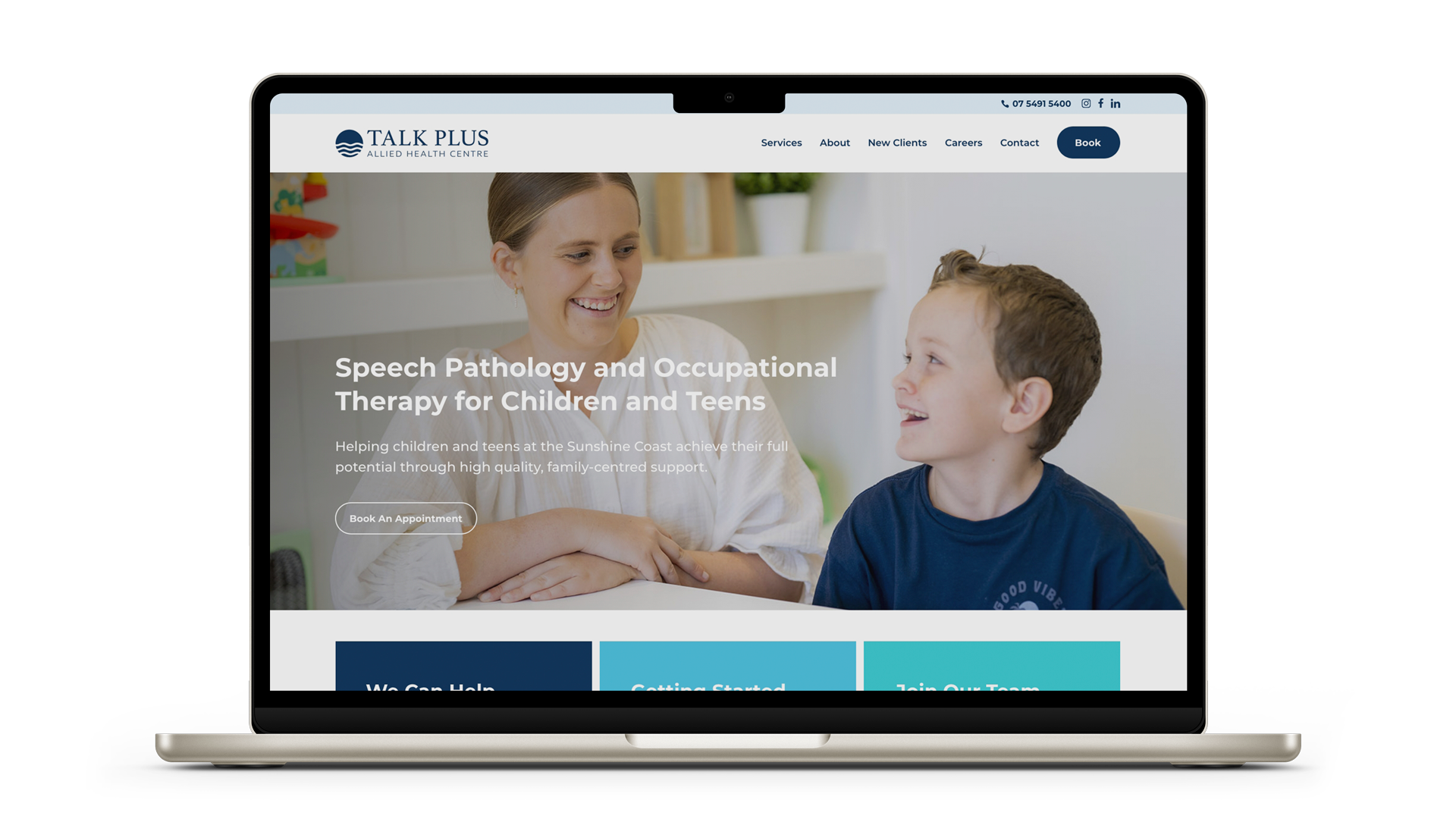 Laptop screen displaying Talk Plus Allied Health Centre website with a speech pathology service page showing a smiling young boy and a dropdown menu under Services.