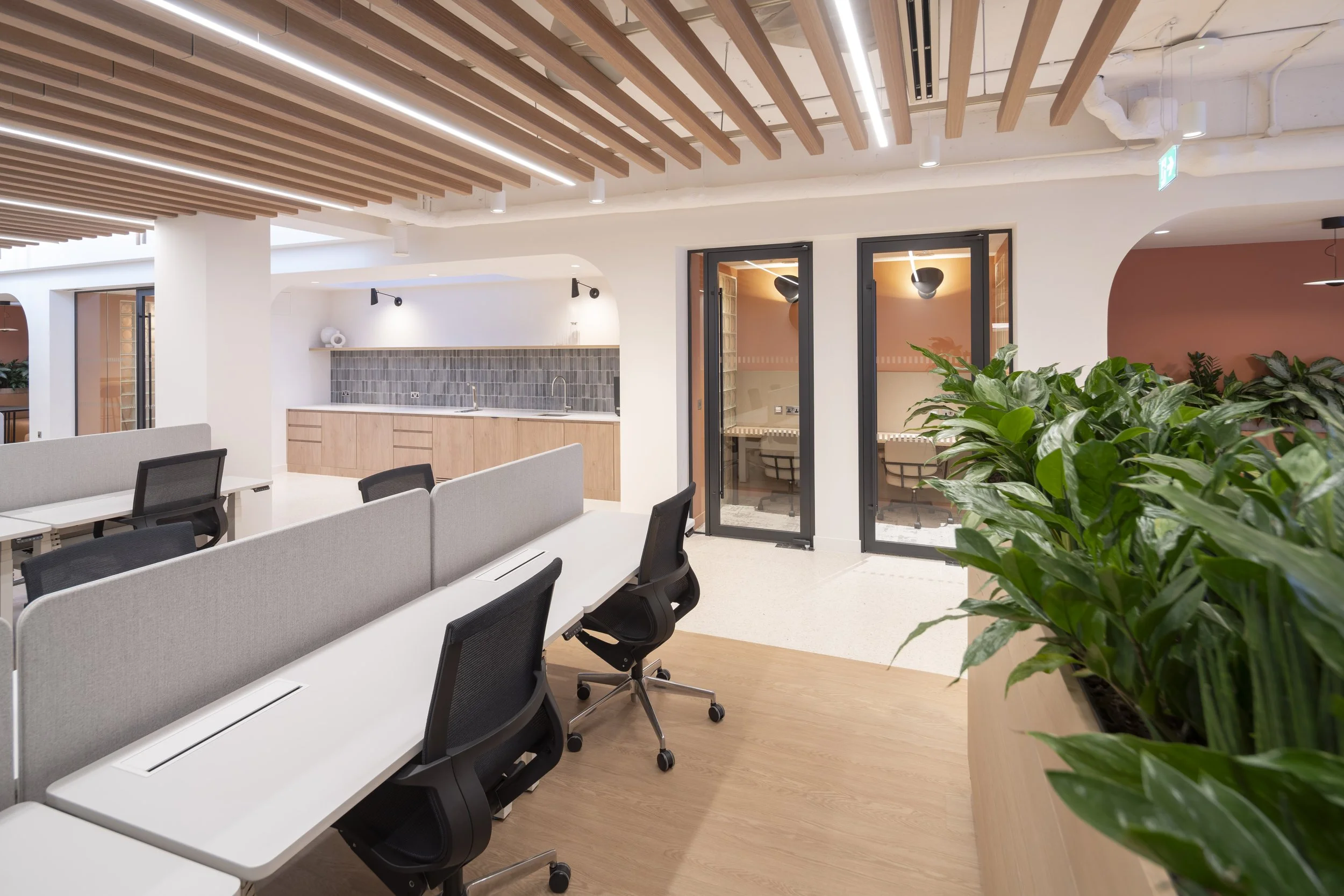 Modern office space with white desks, black chairs, a large green plant, and a kitchen area with a gray tiled backsplash and wooden cabinetry. Glass doors lead to a meeting room with beige chairs and wall-mounted lights.