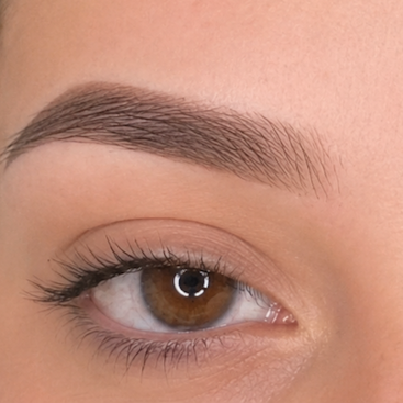 Close-up of a person's brown eye and well-groomed eyebrow.