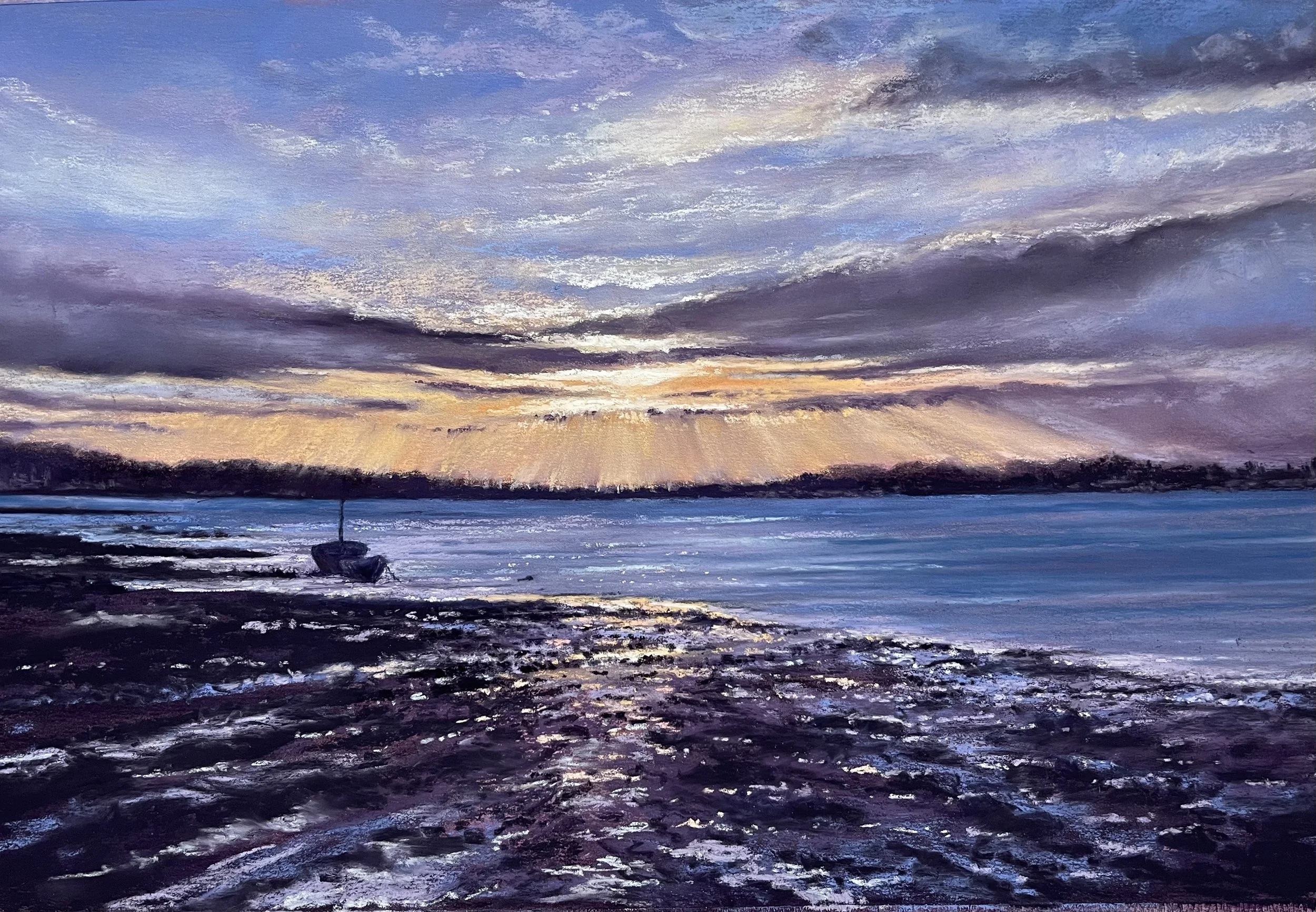 ‘Sunrise across Sandbanks Peninsula ’ - Pastel on sanded paper - Greetings cards available