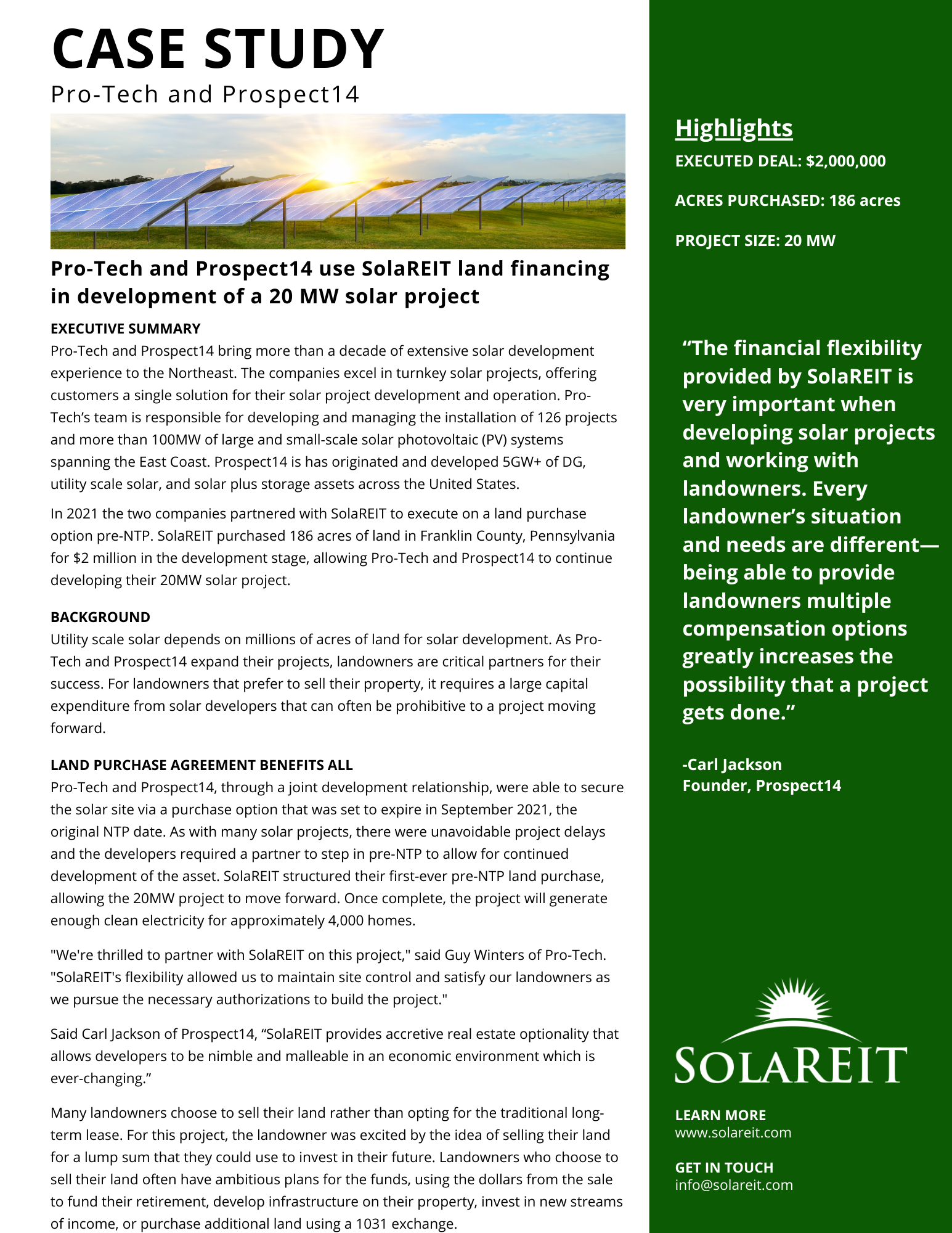 Case Study: Pro-Tech and Prospect14 use SolaREIT™ land financing in ...
