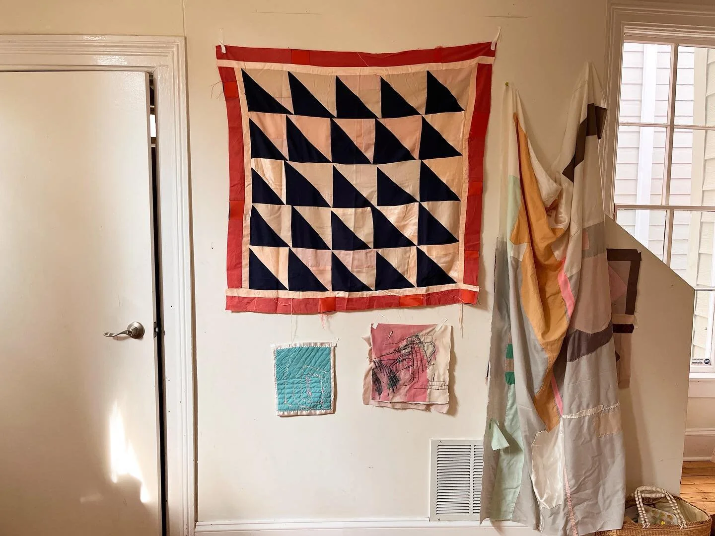I am taking over the dining room wall with some hanging works in progress. I may not have a lot of time to sew this week, but I can see color and shapes here and think about next steps and future work. Those things are all a part of the process! I do