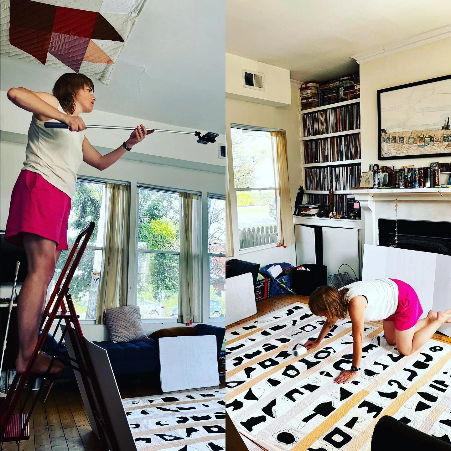 Behind the scenes
⠀
very DIY
⠀
#selfiestick for the win
⠀
I learned from @heidiparkes to use foam core to bounce light
⠀
once I told @zakfoster that I was embarrassed to own a selfie stick and he said: so good to photograph quilts with though!
⠀
a li