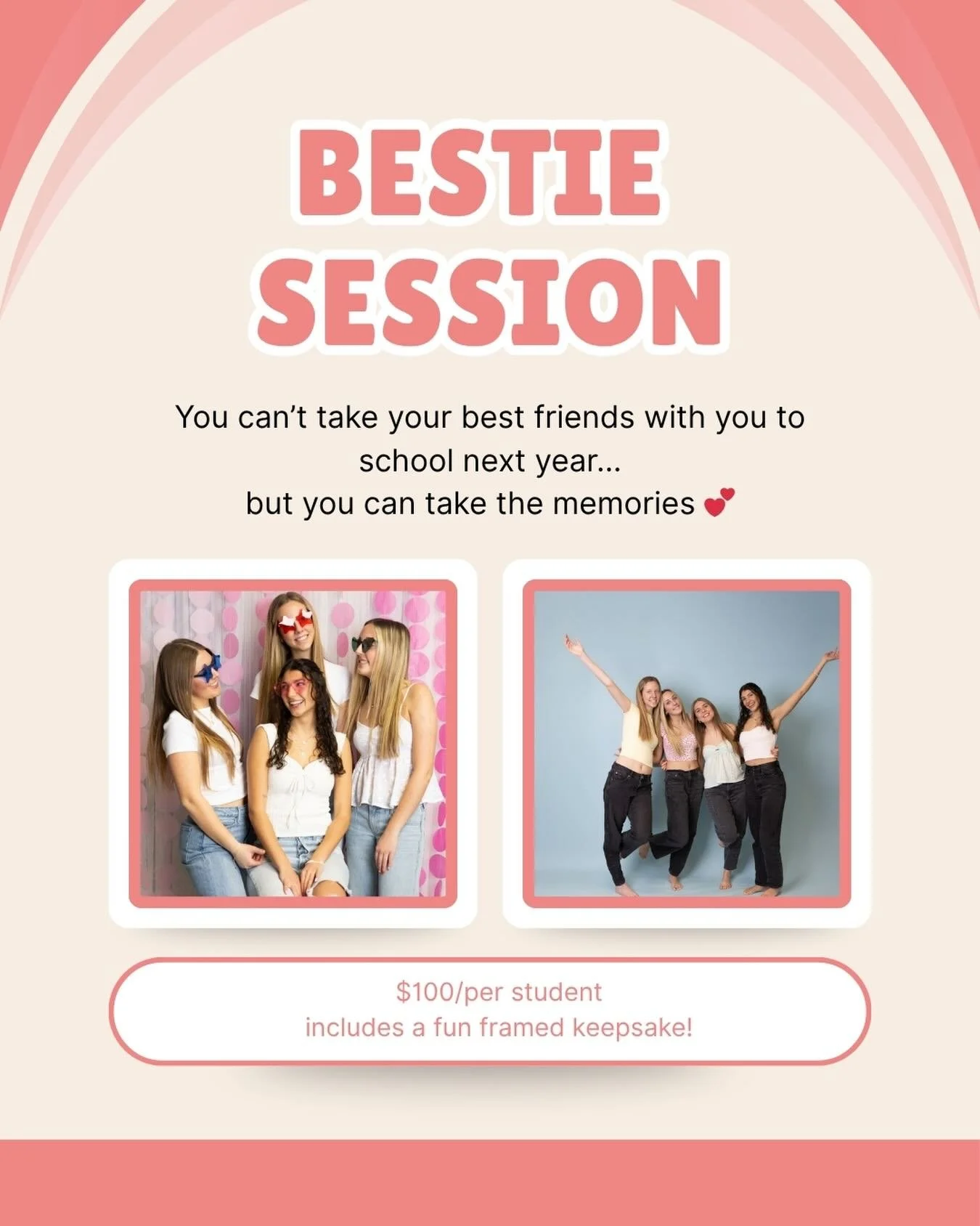 SENIORS-You can&rsquo;t take your best friends with you to school next year&hellip; but you can take the memories 💕
Spring Bestie Sessions are here ✨ Grab your girls (or your crew) and celebrate this season before everything changes.
🌷 $100 per sen