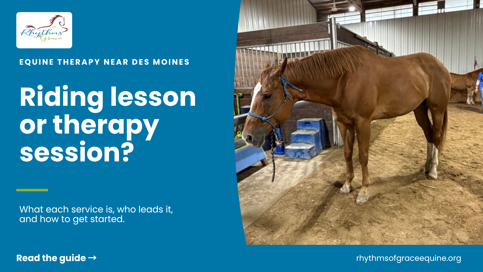 Equine therapy near Des Moines: riding lesson or therapy session? A chestnut horse beside the accessible mounting ramp in the Rhythms of Grace arena.