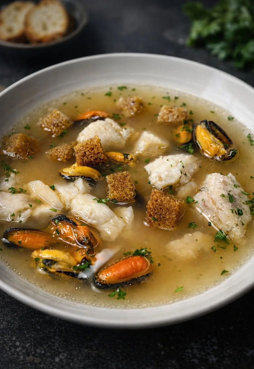 Zuppa di pesce con cozze, calamari, crostini di pane e prelibatezza decorata con prezzemolo.
