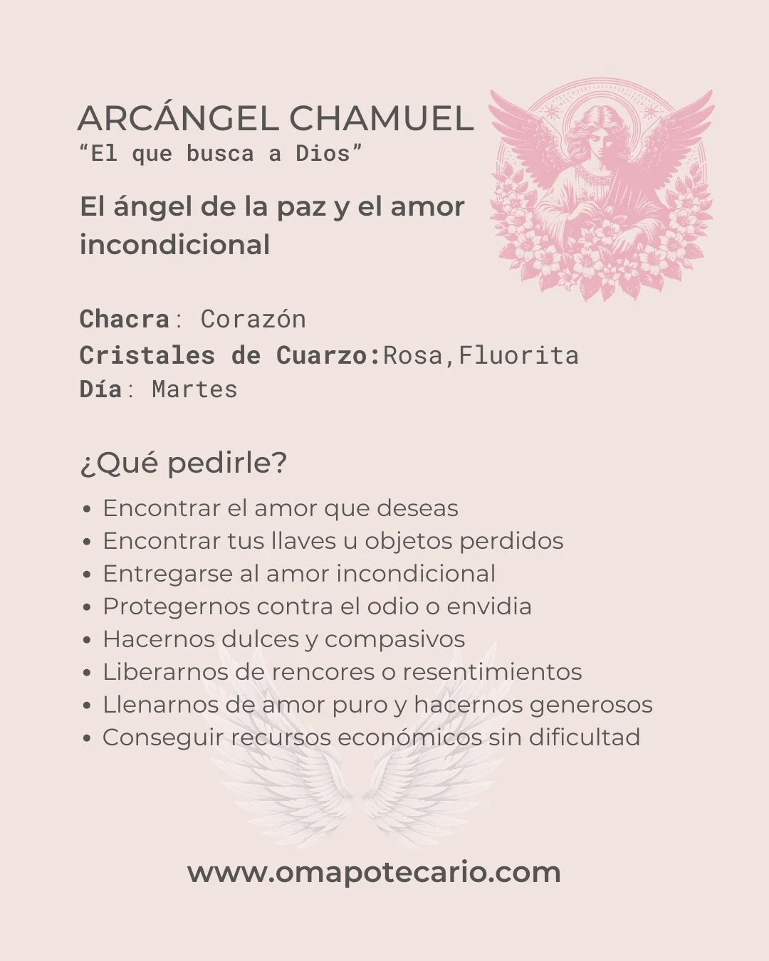 Arc&aacute;ngel Chamuel, gu&iacute;a mi coraz&oacute;n hacia la paz.
Ay&uacute;dame a amar con pureza, a soltar el resentimiento y a recibir el amor que merezco. 🤍✨

#Omapotecario #ArcangelChamuel #Chamuel #AmorIncondicional #PazInterior #ChakraCora