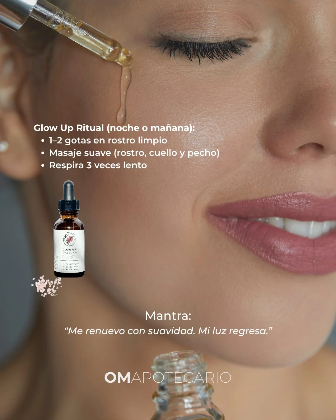 Glow Up es m&aacute;s que skincare&hellip; es un ritual de presencia. ✨
1&ndash;2 gotas sobre el rostro limpio, masaje suave (rostro, cuello y pecho) y 3 respiraciones lentas para volver a tu centro.
Mantra: &ldquo;Me renuevo con suavidad. Mi luz reg