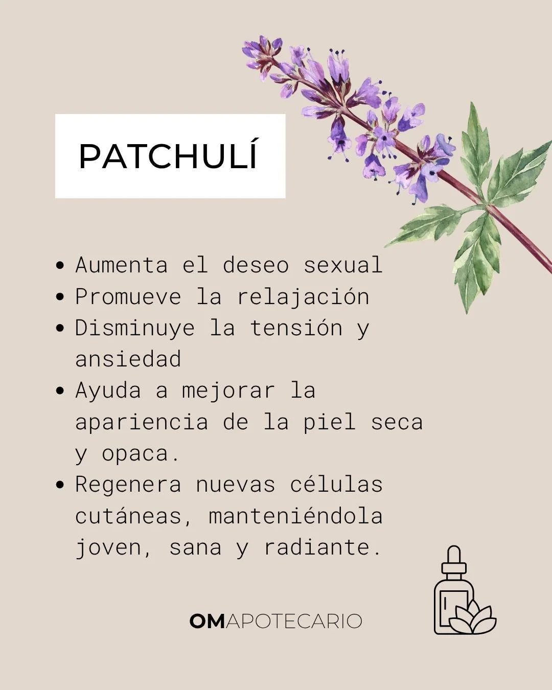 El patchouli es un aceite que enra&iacute;za: te trae de vuelta al cuerpo, baja el ruido mental y sostiene tu energ&iacute;a cuando te sientes dispersa/o. 🌿✨
Es perfecto para d&iacute;as de estr&eacute;s, para volver a tu centro y para recordar que 