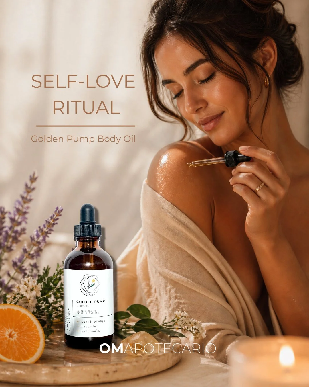 Golden Pump es tu ritual de amor propio: una caricia dorada para tu piel y tu energ&iacute;a. ✨

Con cuarzo citrino y aceites esenciales de naranja dulce, lavanda y pachuli, te invita a volver a ti: suavidad, calma y magnetismo en cada gota.

⟶Tip: a