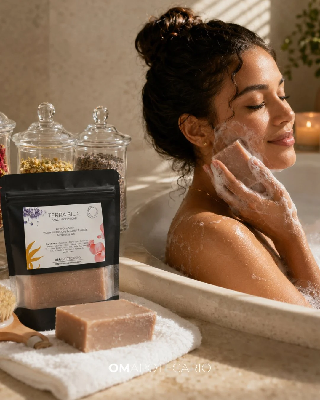 Terra Silk es un ritual diario para piel delicada.

Dise&ntilde;ado como un jab&oacute;n multifuncional para rostro y cuerpo, su textura sedosa limpia, suaviza e hidrata mientras el poder bot&aacute;nico de sus 7 aceites esenciales ayuda a nutrir, re