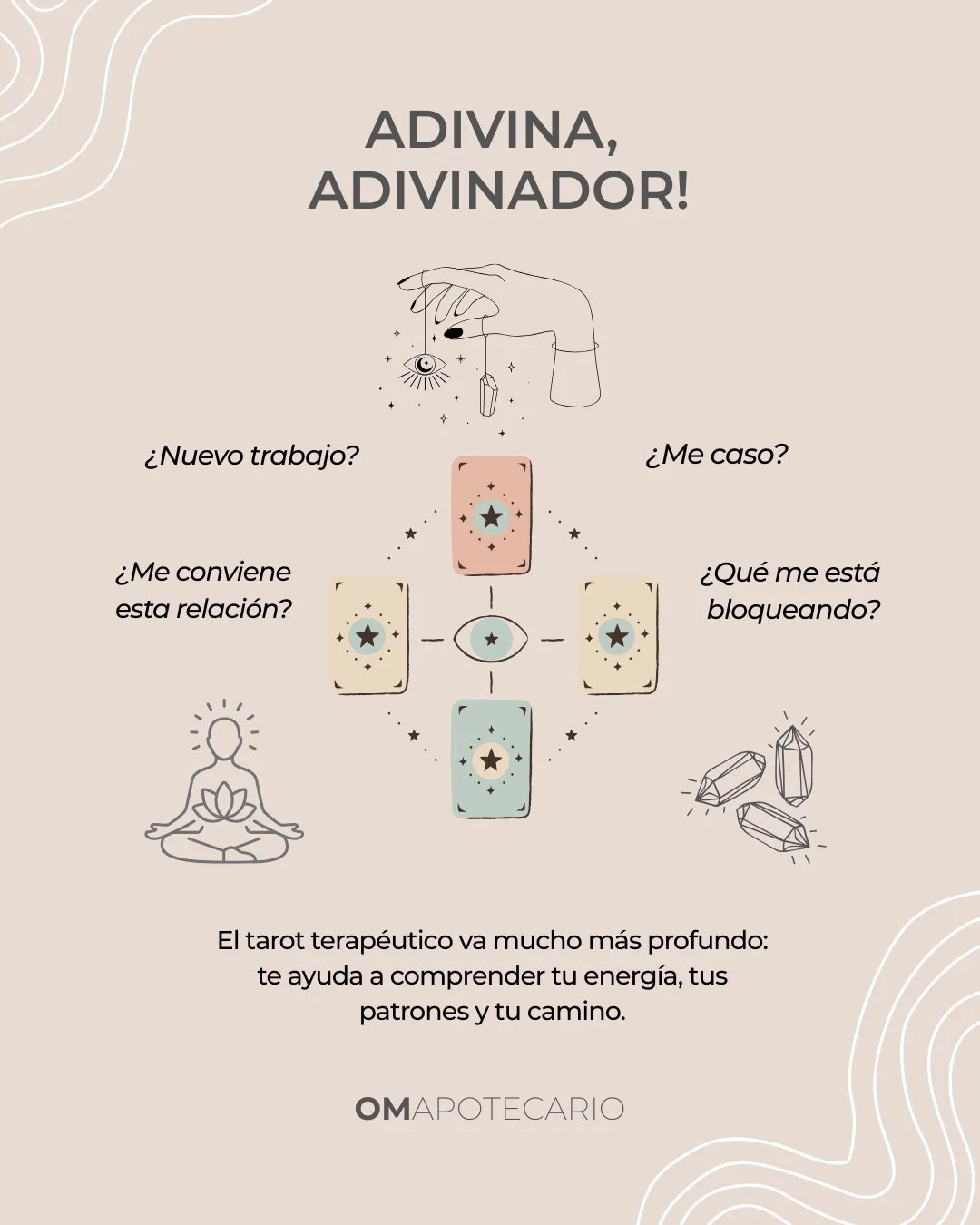 No, no se trata de &ldquo;adivinar tu futuro&rdquo;.
El tarot terap&eacute;utico es una herramienta de claridad, intuici&oacute;n y autoconocimiento.

En mis lecturas integro la energ&iacute;a de las cartas con la gu&iacute;a intuitiva y el apoyo de 
