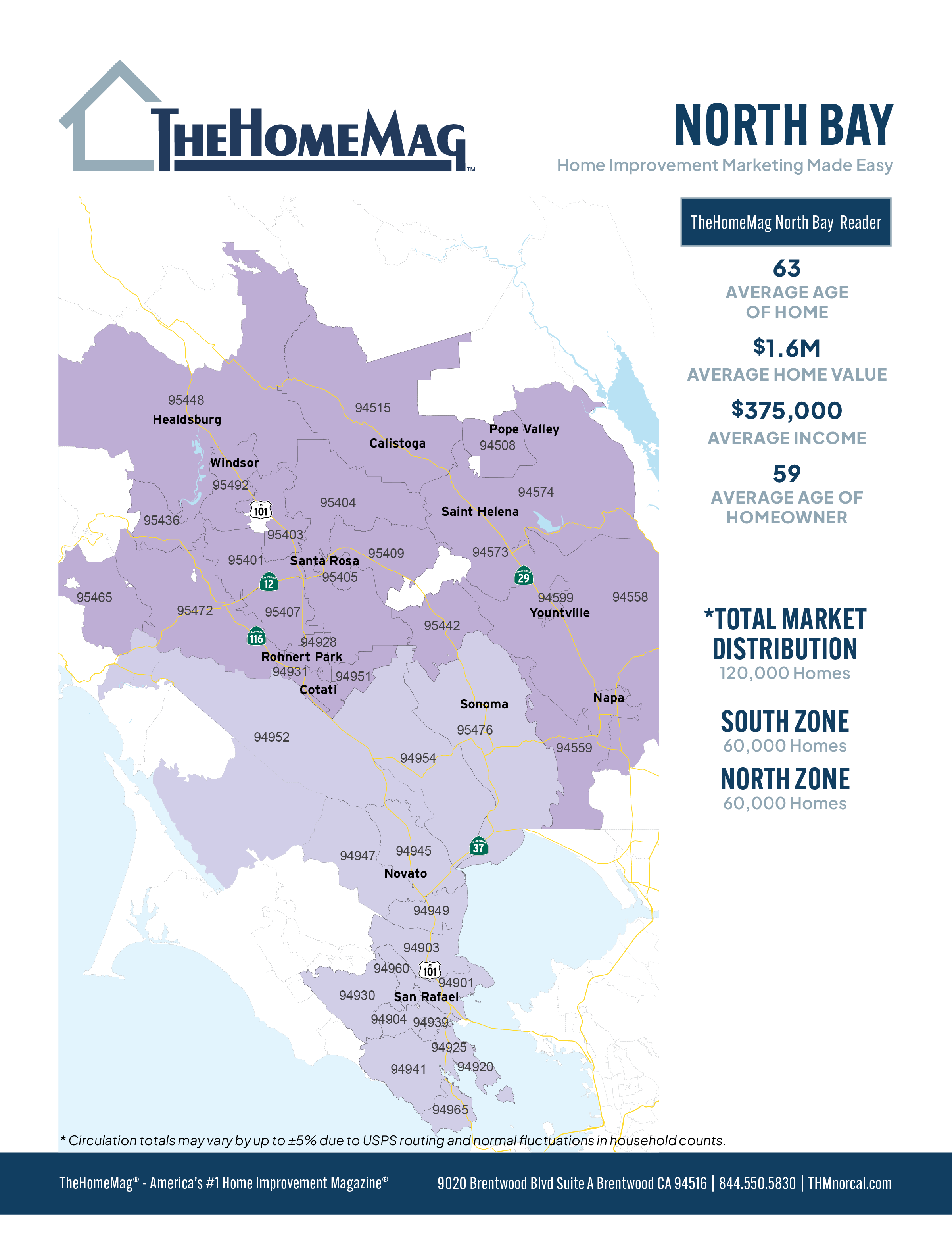 Map of the North Bay region in California showing various cities and zip codes, with a sidebar providing statistics about home values, ages, income, and market distribution.