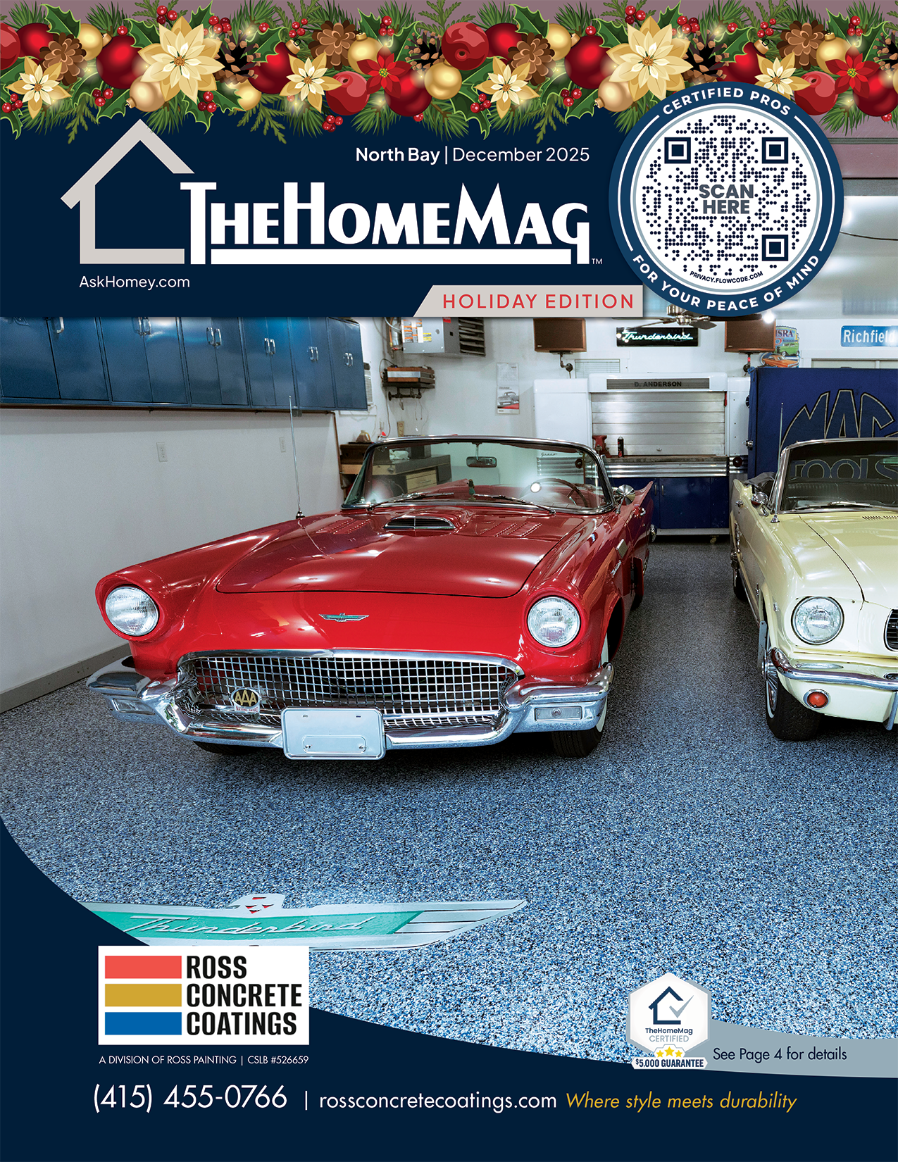 Cover of North Bay December 2025 holiday edition magazine featuring vintage cars inside a garage. A red 1950s Chevrolet and a cream-colored car are visible, with a background of garage cabinets and tools.