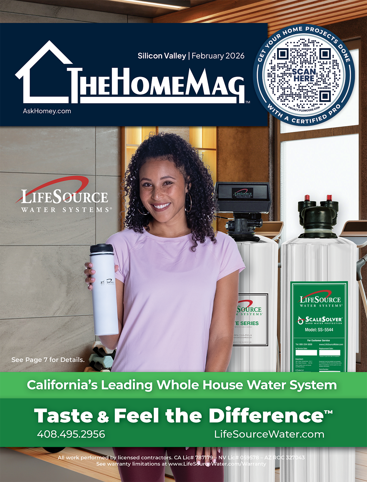 Magazine cover featuring a woman holding a water filter, with water system equipment behind her, promoting whole house water systems by LifeSource Water Systems in California.