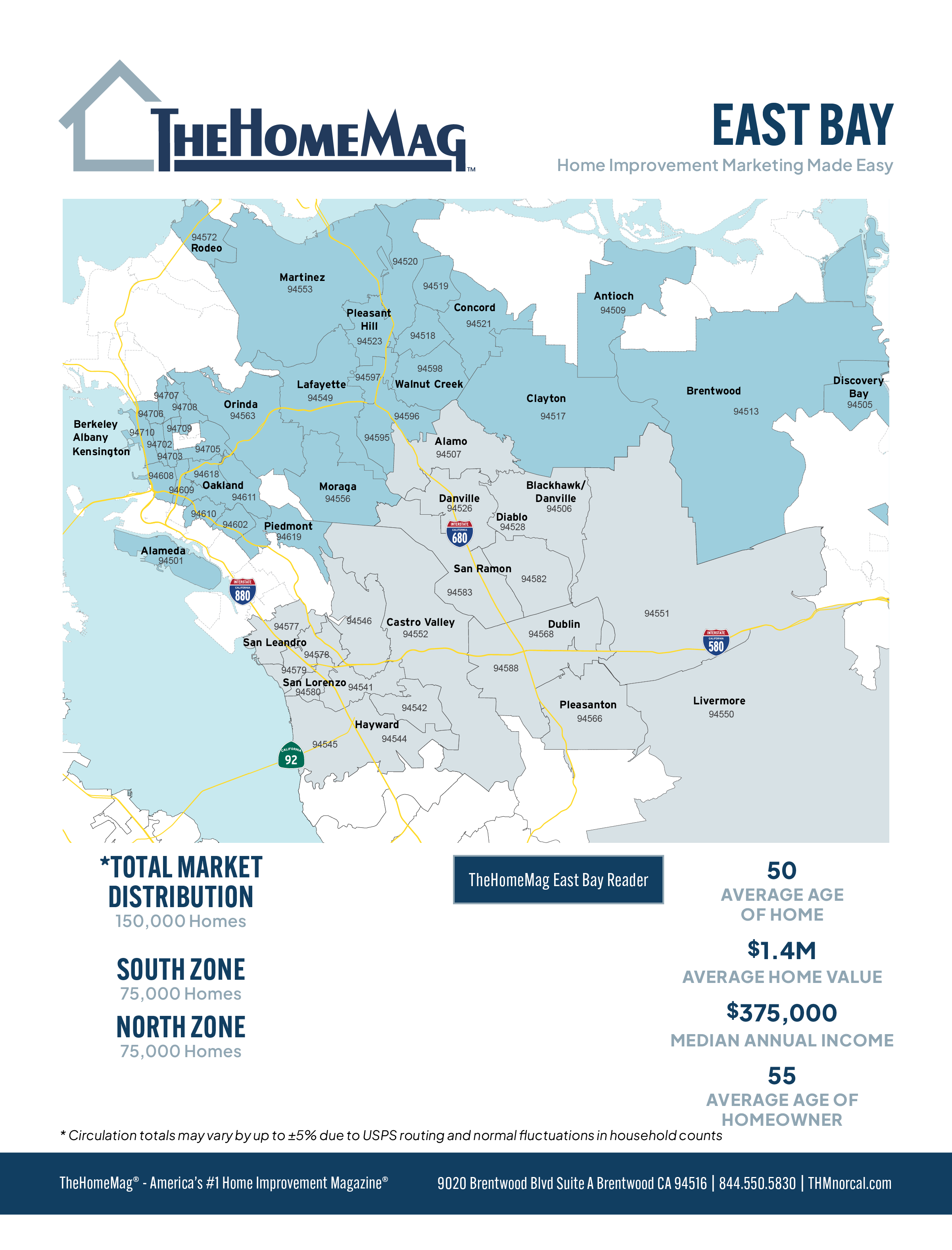 Map of East Bay area showing cities and zip codes, with statistics about home market distribution, population, and home values, from TheHomeMag.