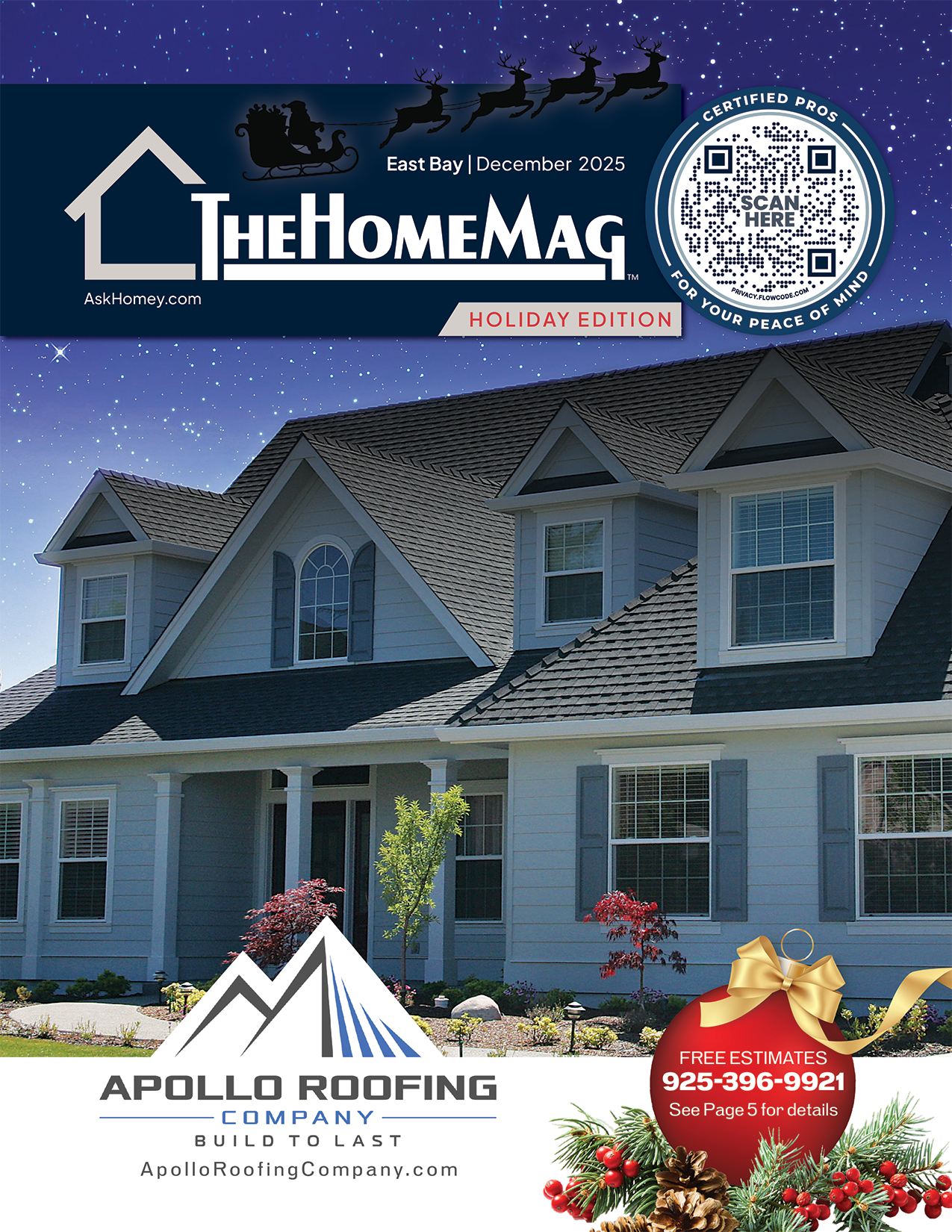 Cover of The Home Mag holiday edition magazine featuring a large house with gray siding, multiple windows, and a shingled roof under a starry night sky with Santa's sleigh flying overhead. An advertisement for Apollo Roofing Company offers free estimates with a red ornament and holiday decorations.