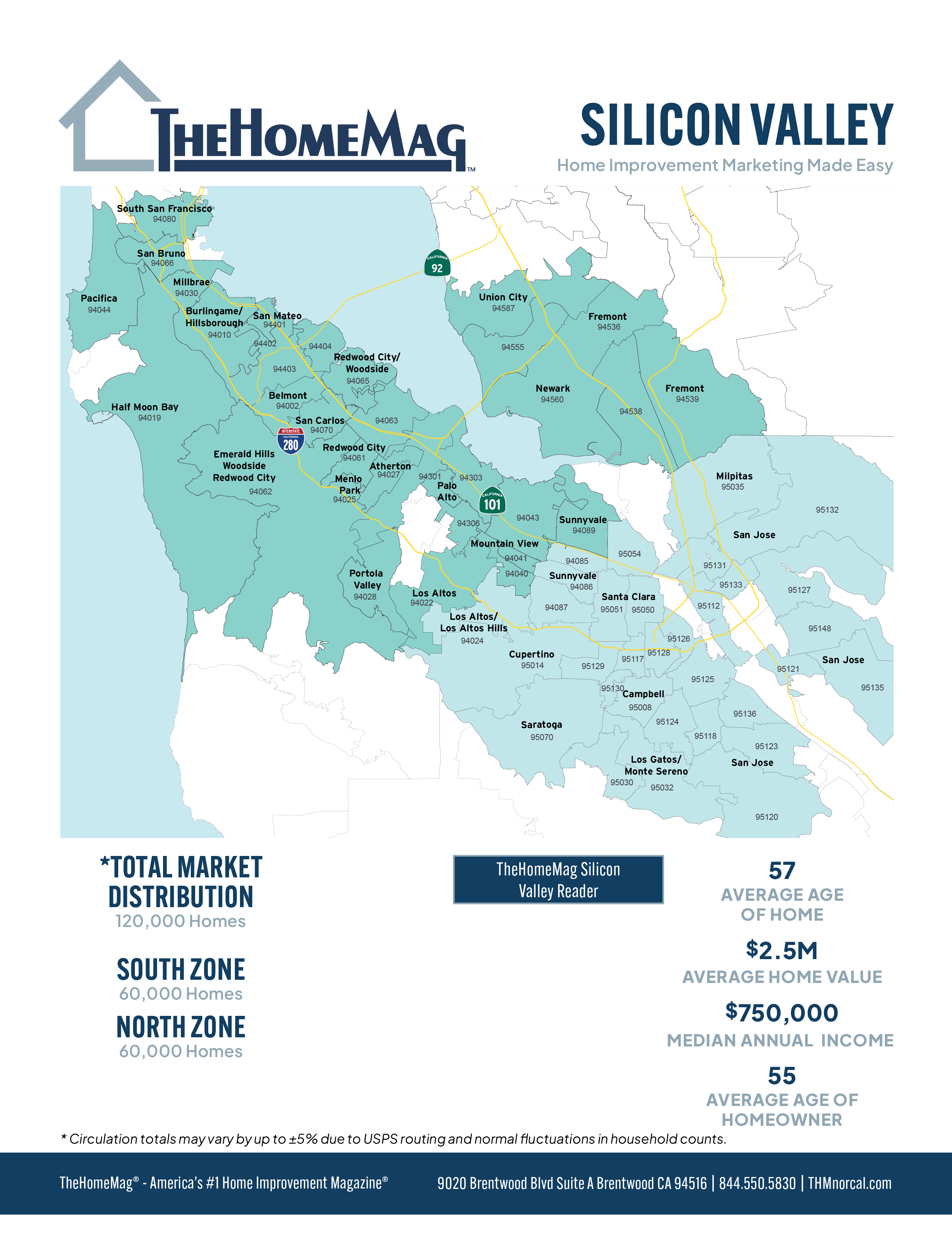 Map of Silicon Valley showing neighborhoods, highways, and market statistics, under the branding of The Home Mag, with a black footer displaying additional market data and contact information.