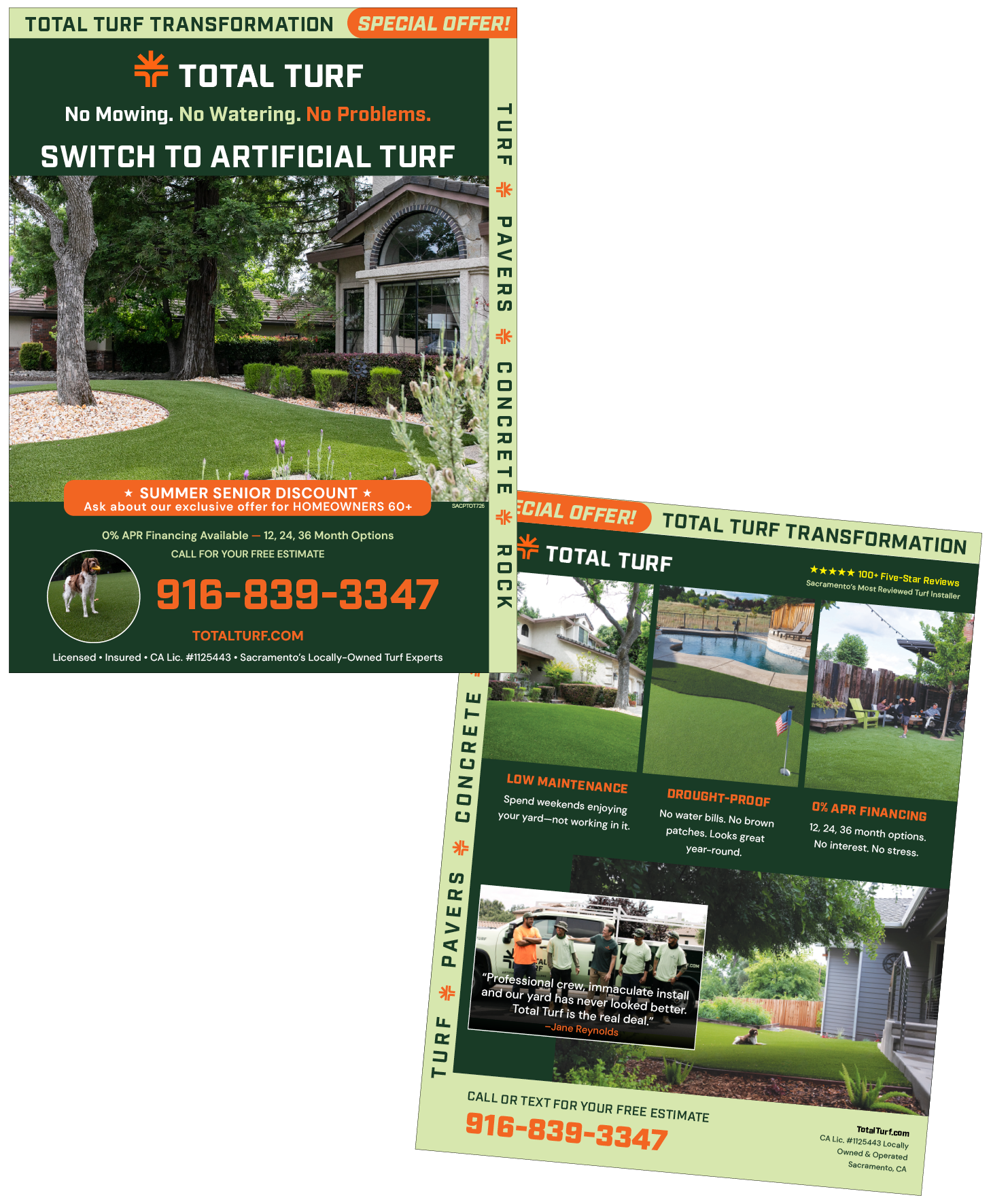 Flyer advertising turf transformation services, highlighting no watering, no problems, summer senior discount, financing options, and customer testimonials. Features images of landscaped yards, a pool area, and a group of workers.