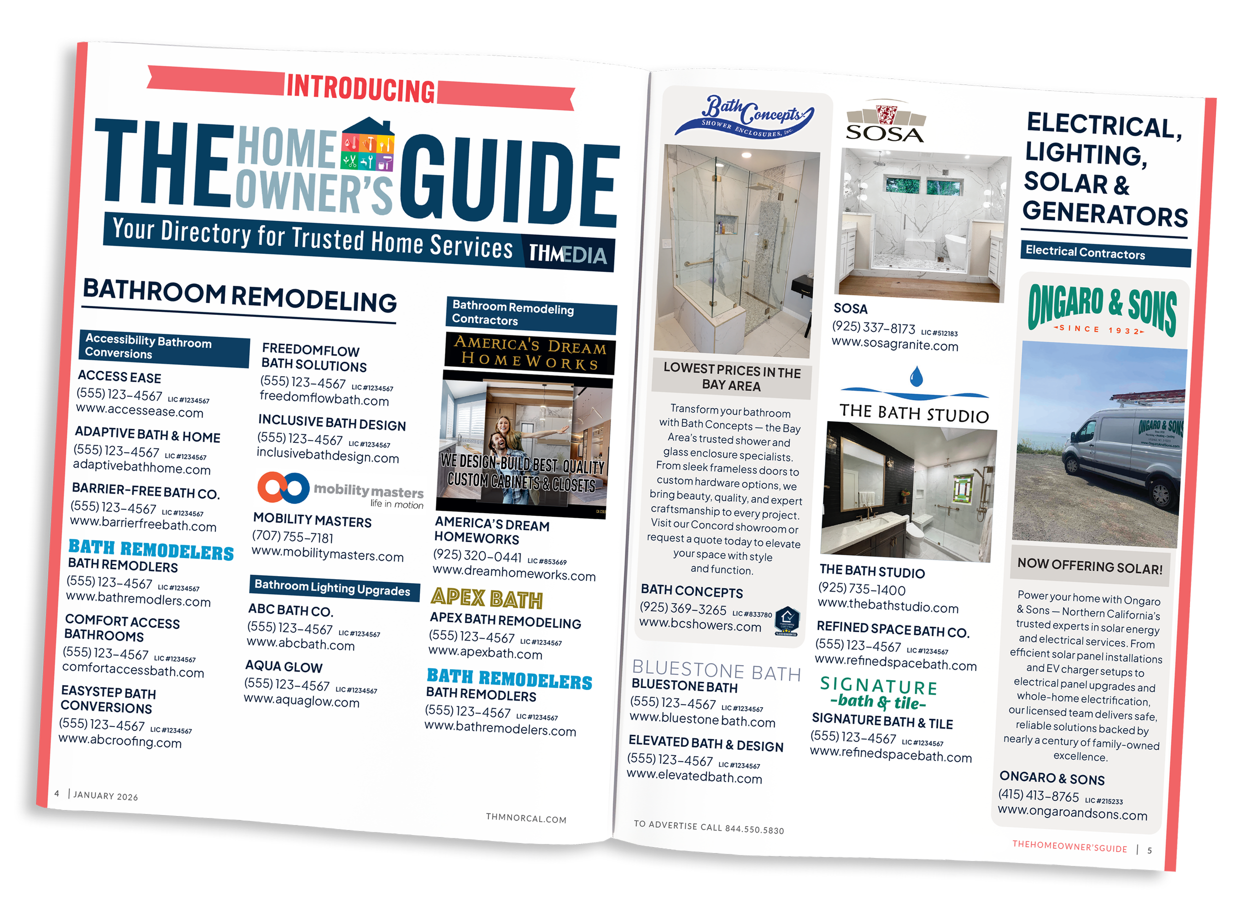 Open magazine or directory with home improvement services related to bathroom remodeling, lighting upgrades, solar power, and home construction, featuring advertisements, company logos, and images of bathroom interiors.