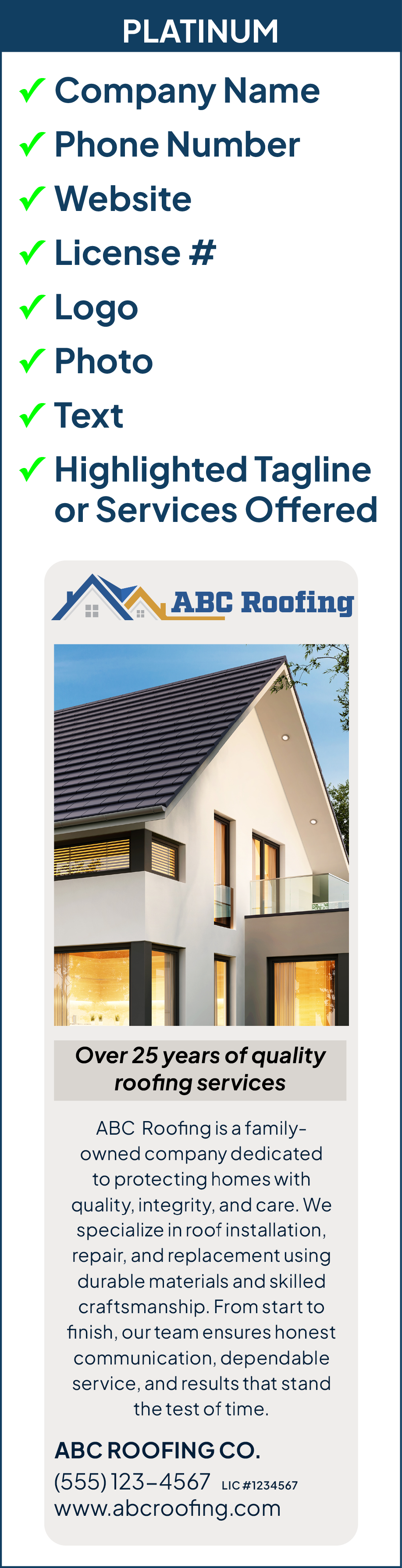 A flyer for ABC Roofing featuring a modern house with a dark roof, and the company logo with a roof illustration. The flyer highlights over 25 years of quality roofing services, with contact information and website.