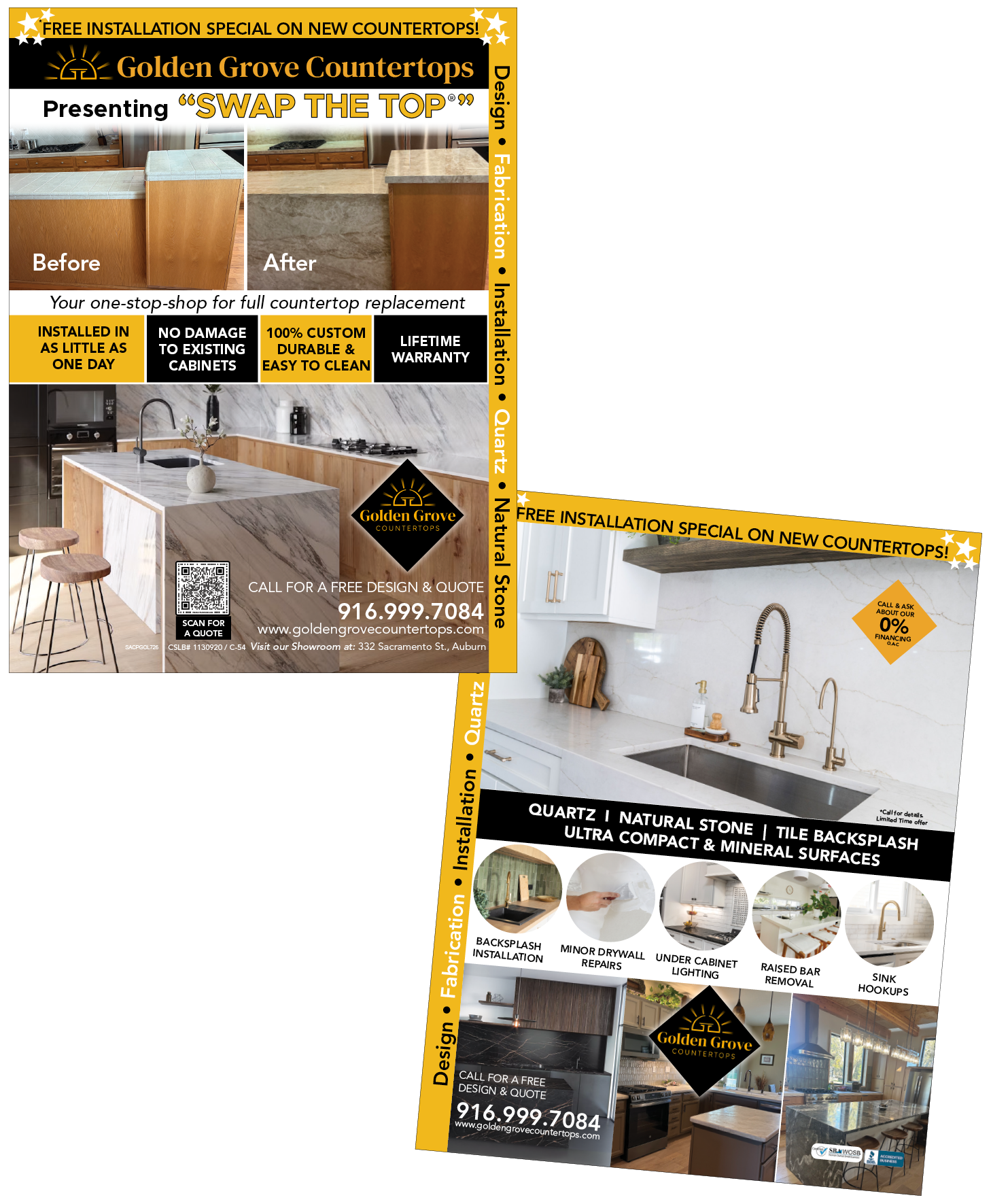 Brochure advertising countertop replacement services by Golden Grove Countertops. Features before and after images of kitchen countertops, highlights benefits like quick installation, custom durability, warranty, and natural stone options like quartz and marble. Contains contact information, promotional offers, and examples of countertop applications.