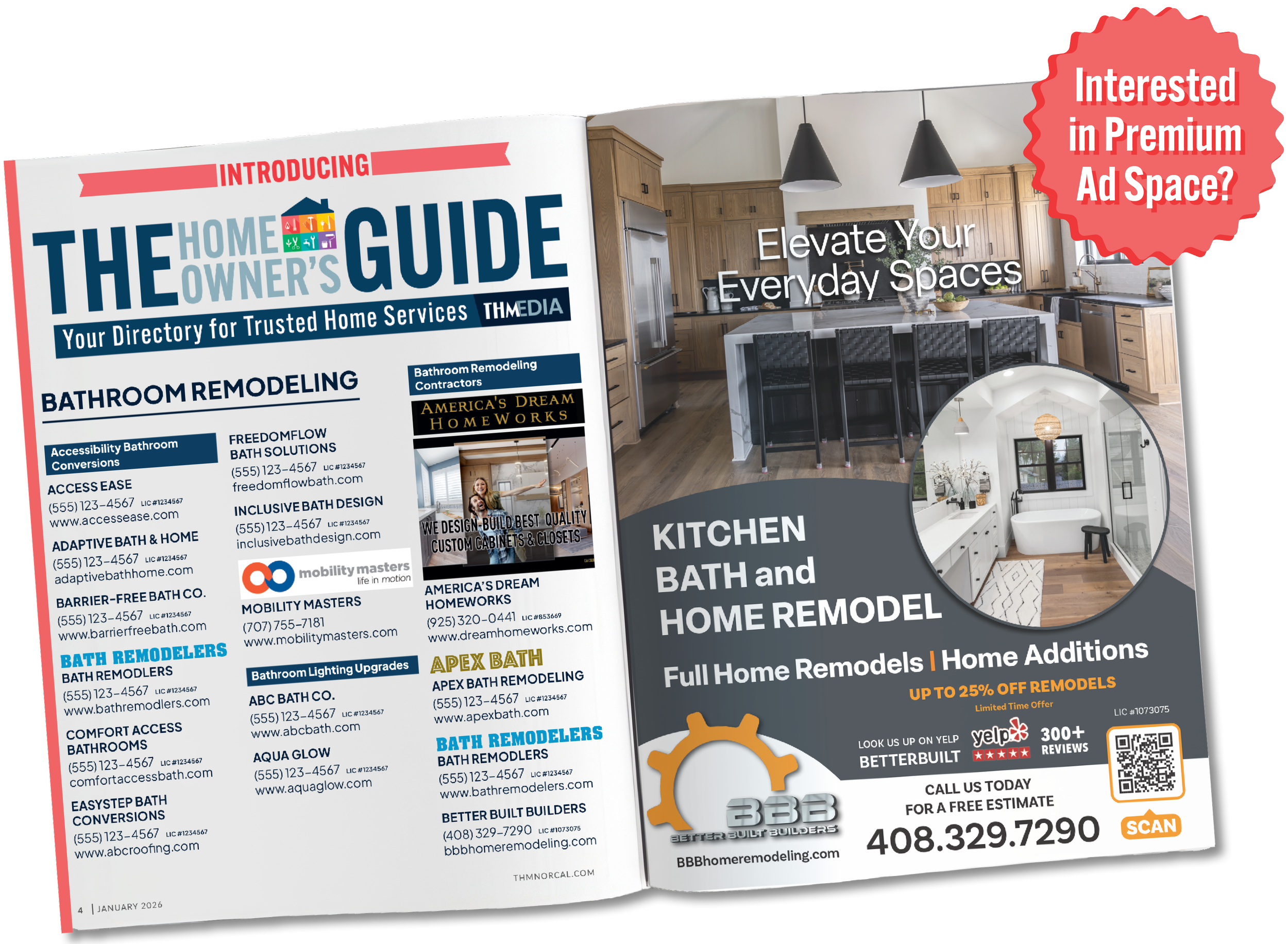 Page from a home remodeling directory magazine showing advertisements for bathroom remodeling, kitchen upgrades, and home additions, with images of modern kitchen and bathroom spaces, and contact information for various contractors.