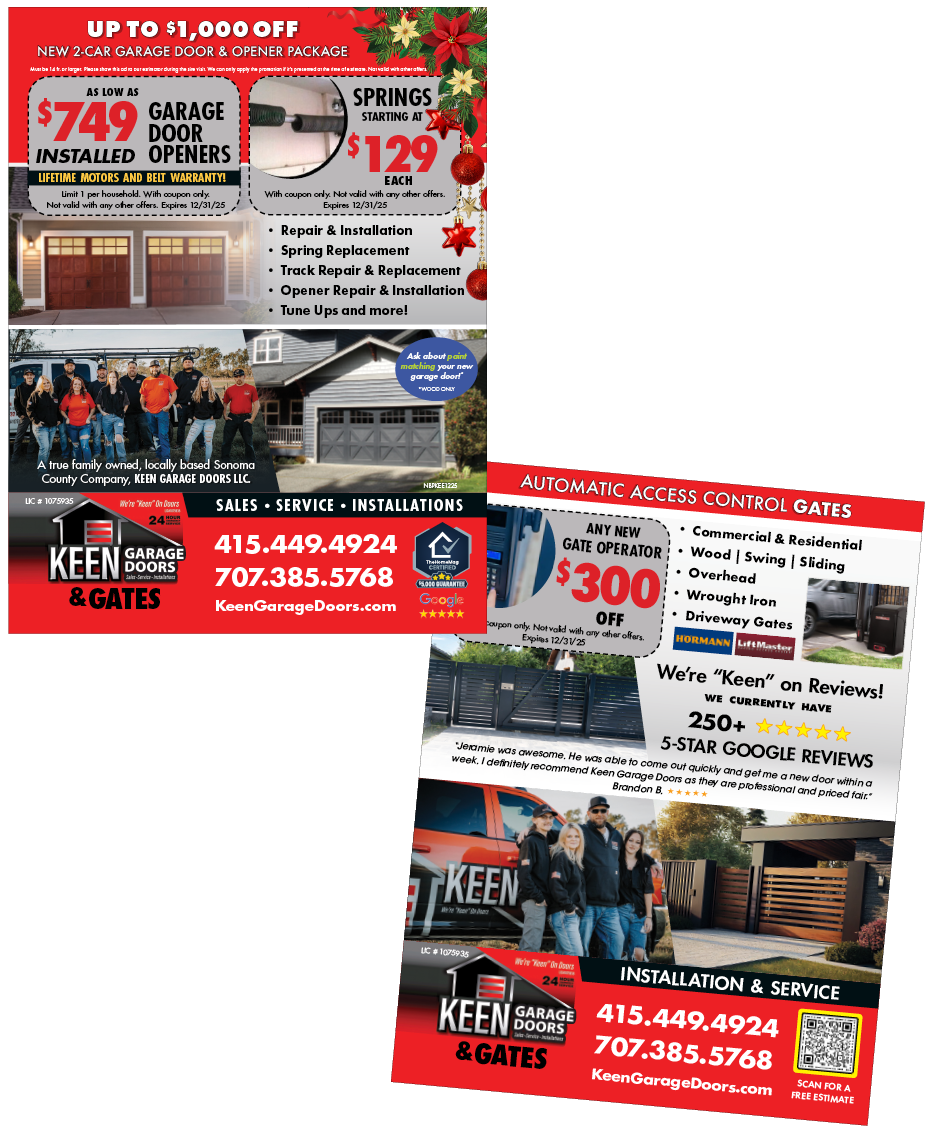Advertisement for Keeen Garage Doors and Gates featuring garage door opener prices, spring prices, and installation services, with images of garage doors, a family, and company staff.