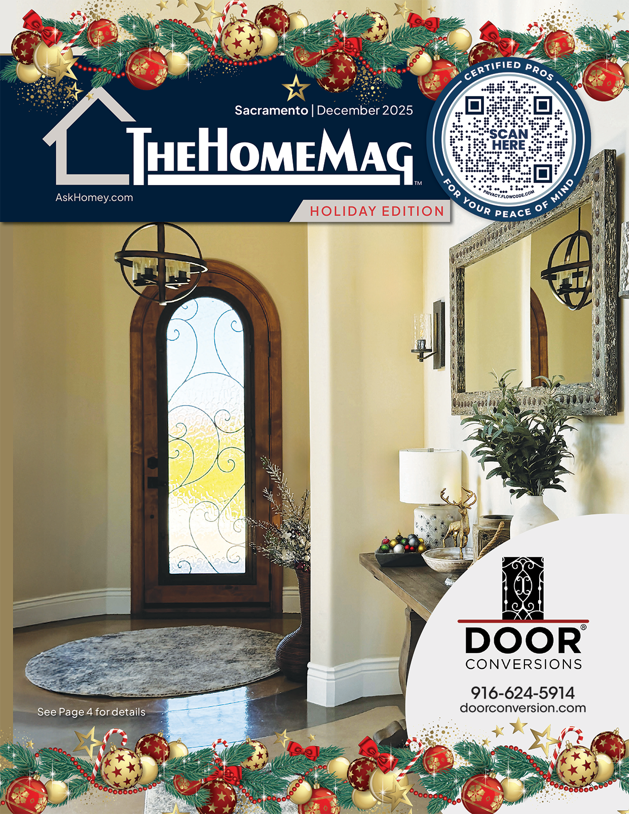 Interior hallway with a wooden front door featuring decorative glass, a round rug on the wooden floor, a small table decorated with a lion statue, a potted plant, a lamp, and a large mirror on the wall, with holiday decorations at the top and bottom of the magazine cover.