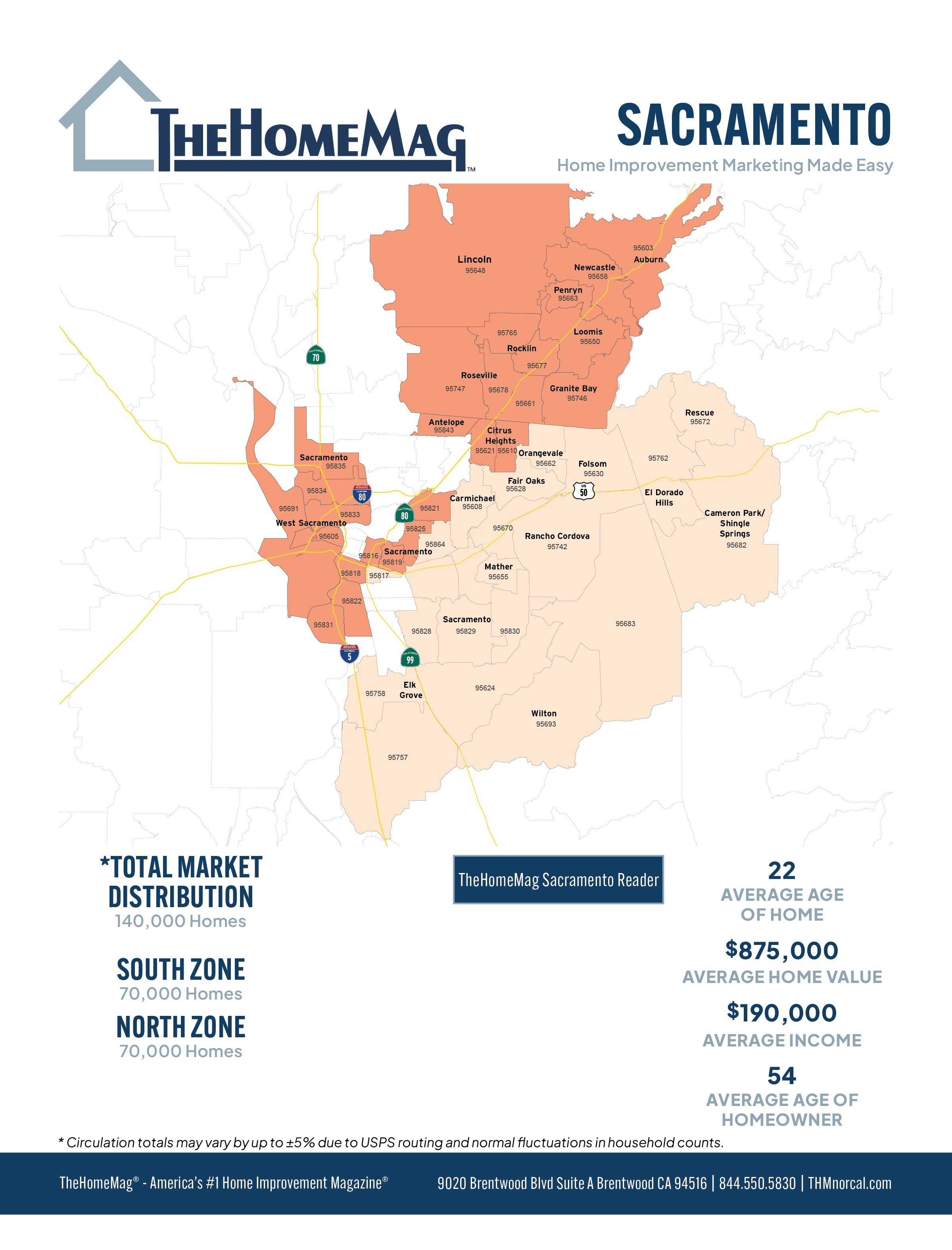 Color-coded map of Sacramento area showing different neighborhoods with zip codes, created by TheHomeMag for home improvement marketing.