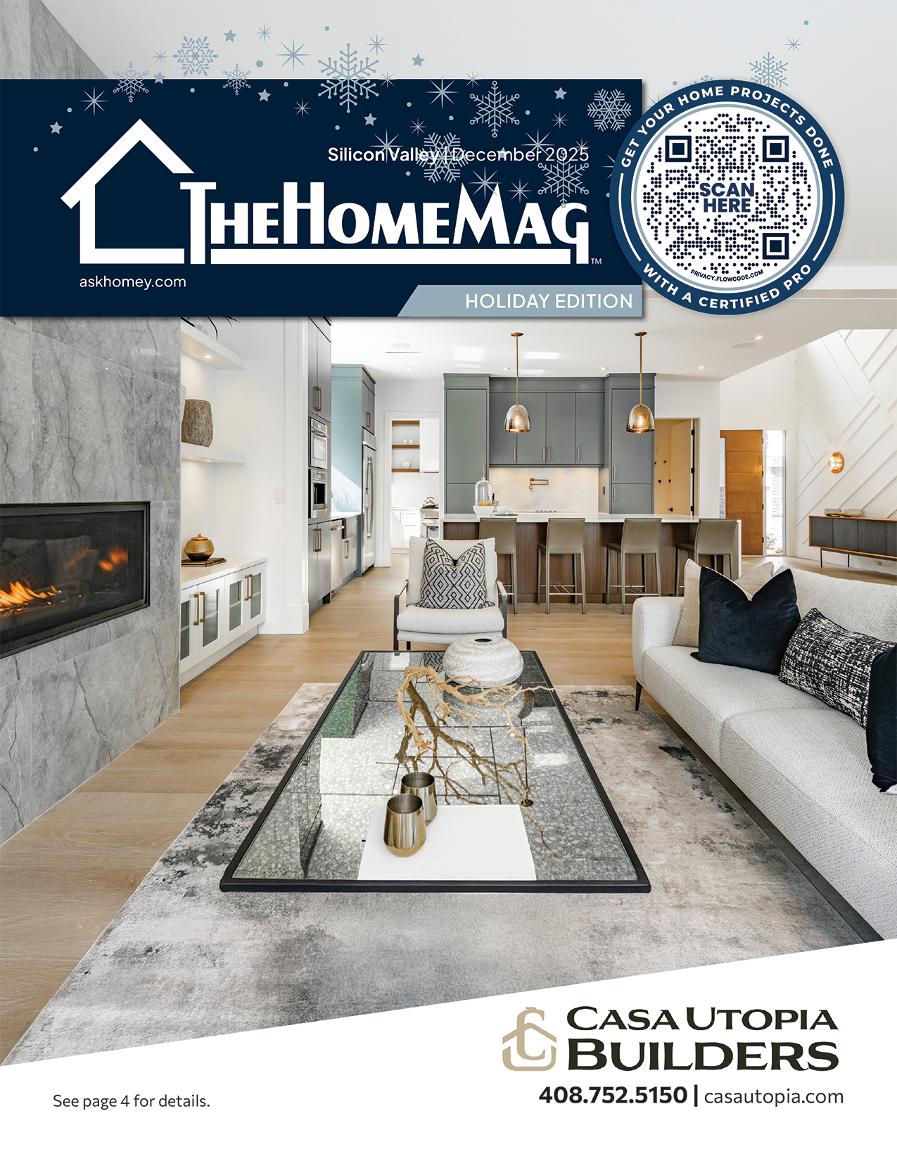 Cover of Silicon Valley Homes magazine Holiday Edition, featuring a modern living room with a glass coffee table, sofa, and kitchen in the background.