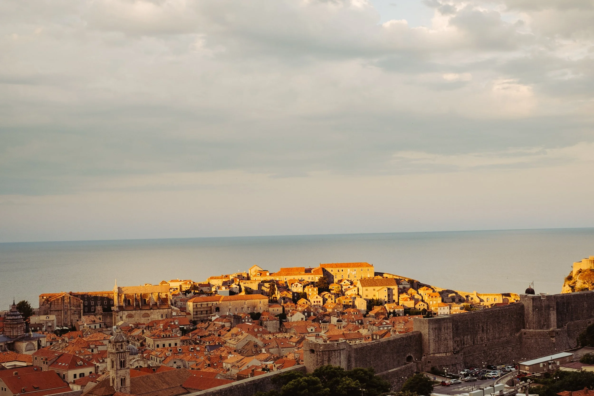 View of the Dubrovnik Old Town at golden sunrise hour