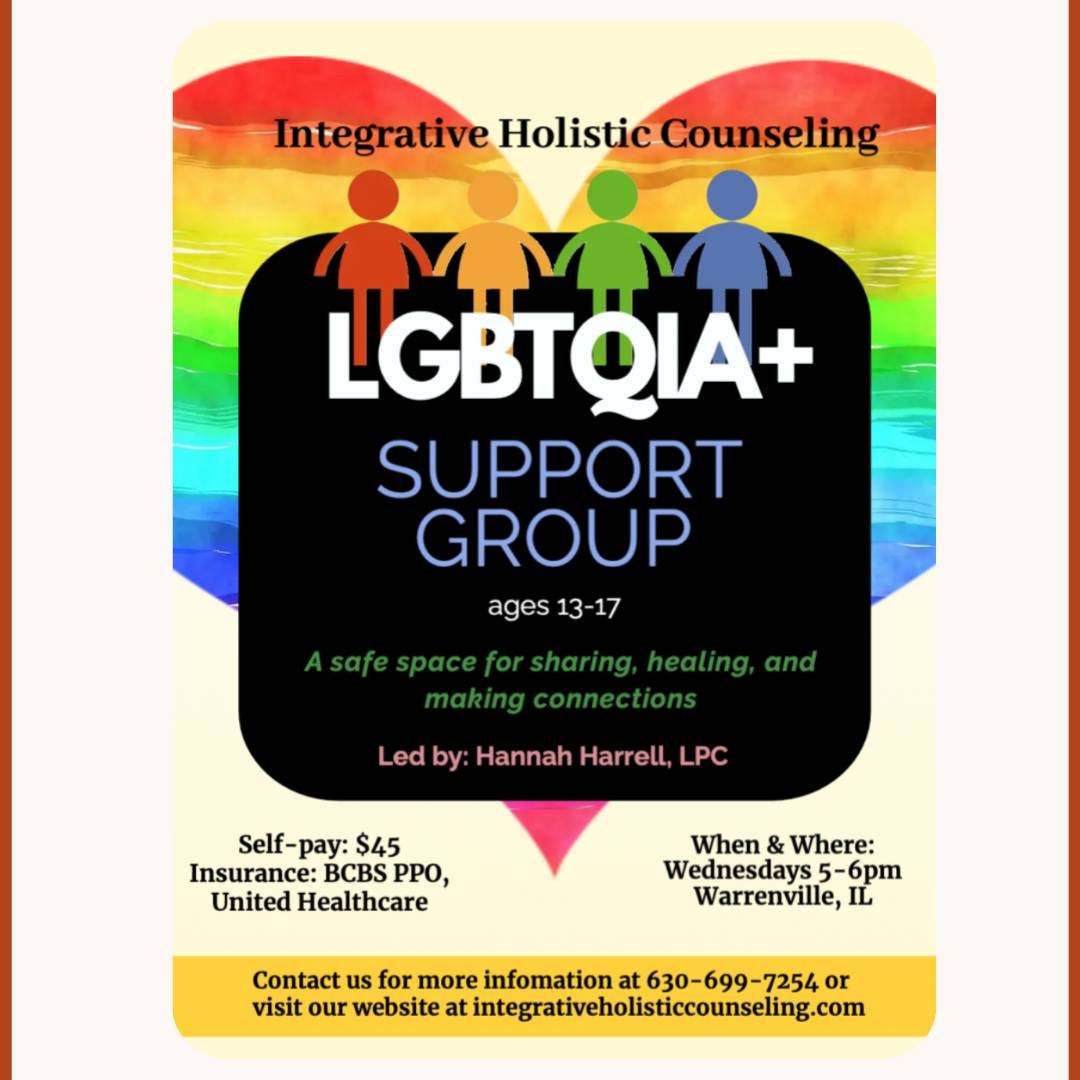 🌟 This is for LGBTQIA+ adolescents (ages 13-17)! 🌟 

Seeking a safe space to explore your identity, share experiences, and find community? Join us every Wednesday from 5-6 PM in Warrenville, IL. Led by a licensed therapist, our group offers support