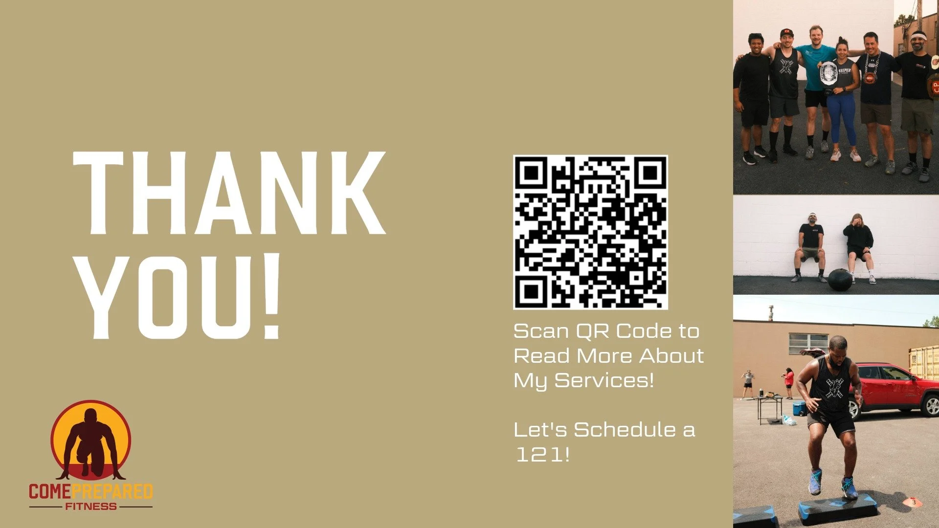 Thank you message from a fitness service company with a QR code and three photos of people working out or outdoors at a fitness event.