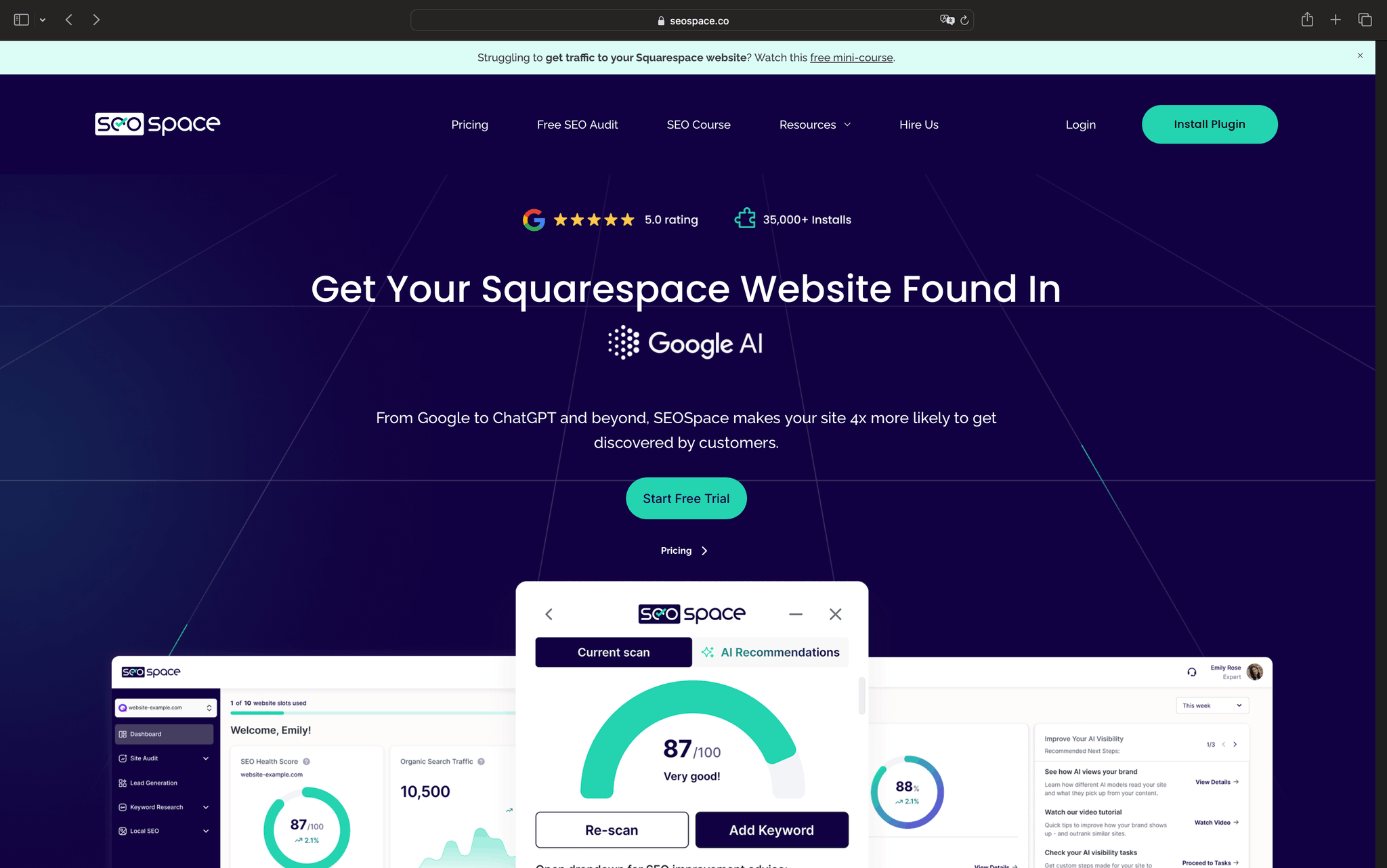 SEOSpace SEO toolkit dashboard designed for Squarespace websites showing site audit and recommendations