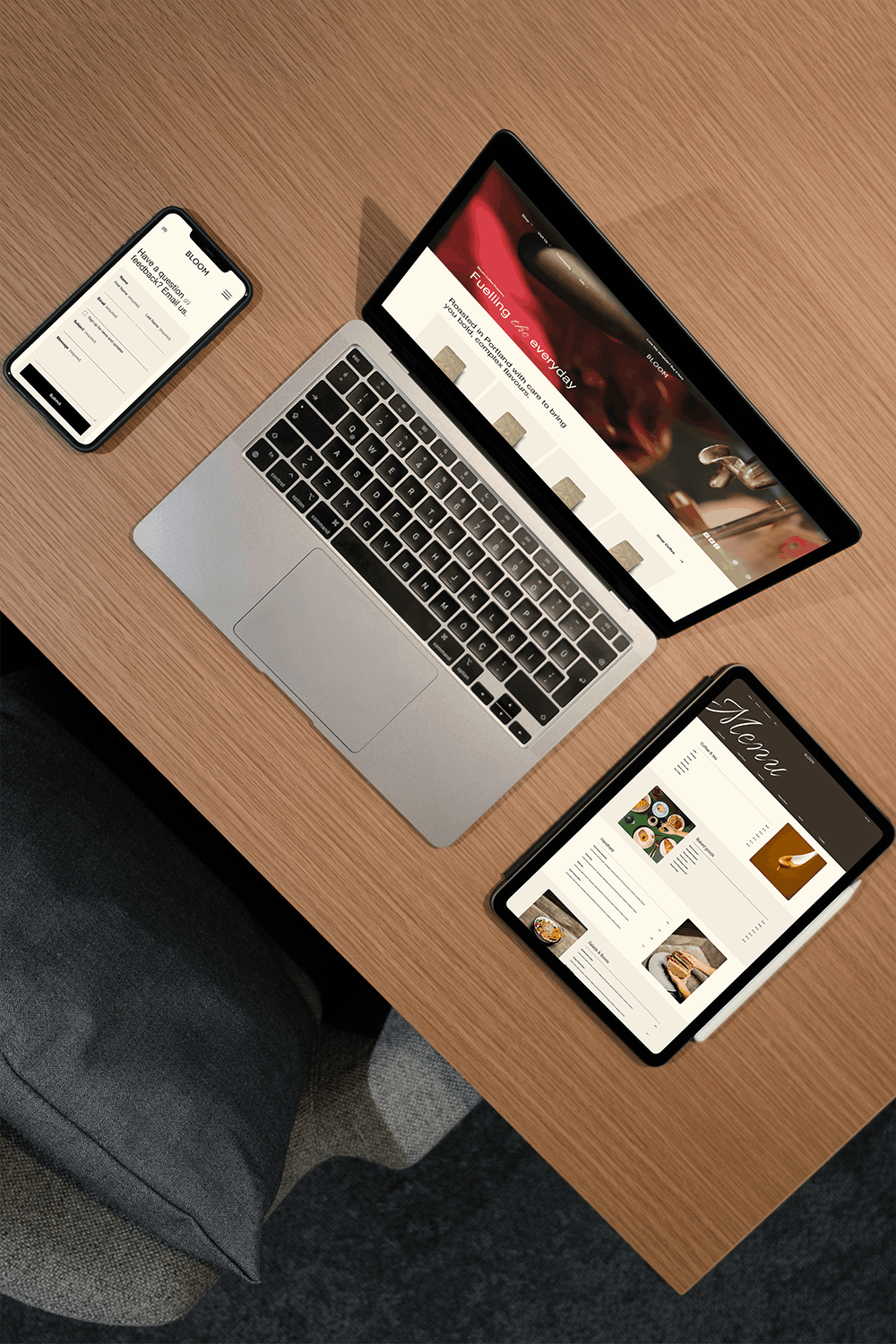 Bloom Squarespace 7.1 Website Template: Contact Page, Home Page, Menu Page Mockup on Responsive Devices