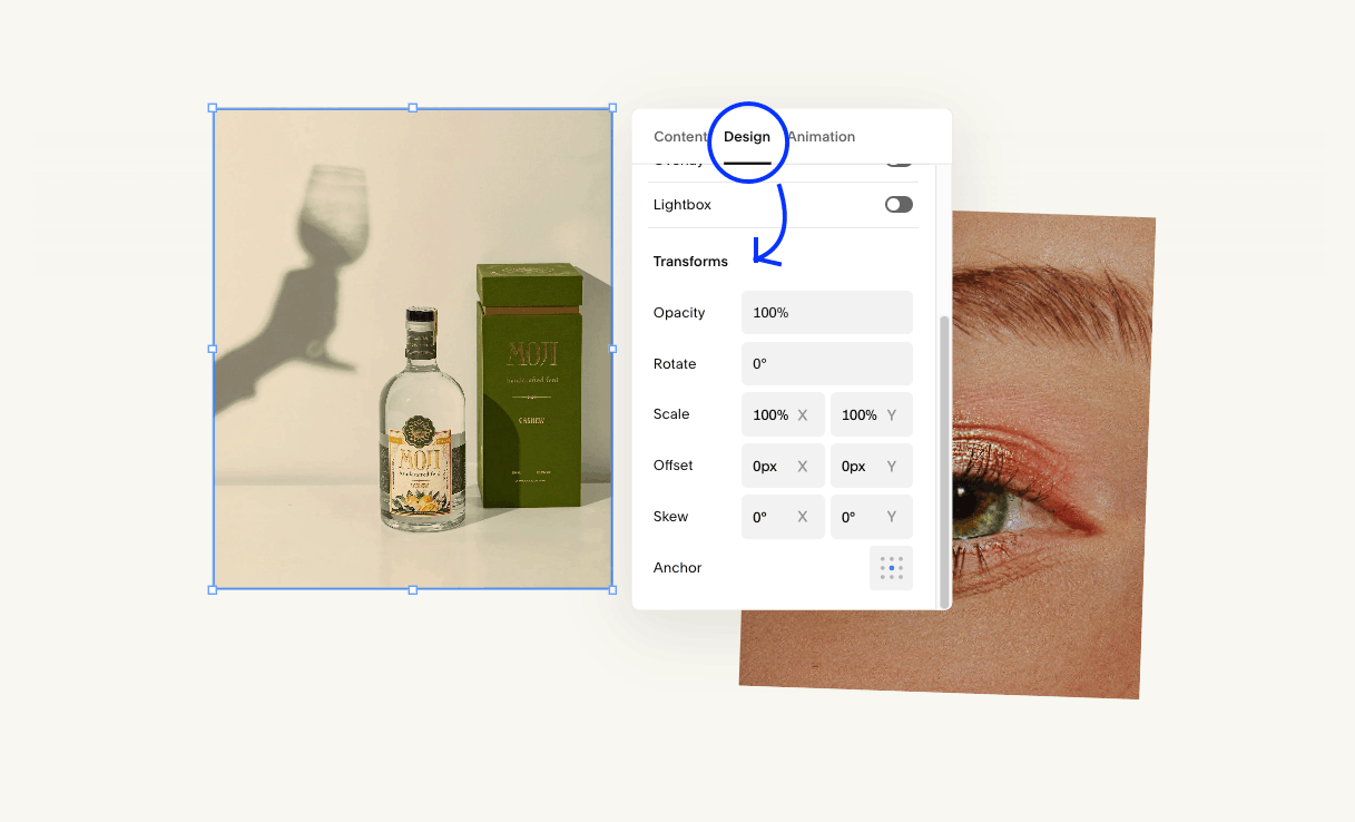 Squarespace 7.1: Where to find Transforms panel on desktop
