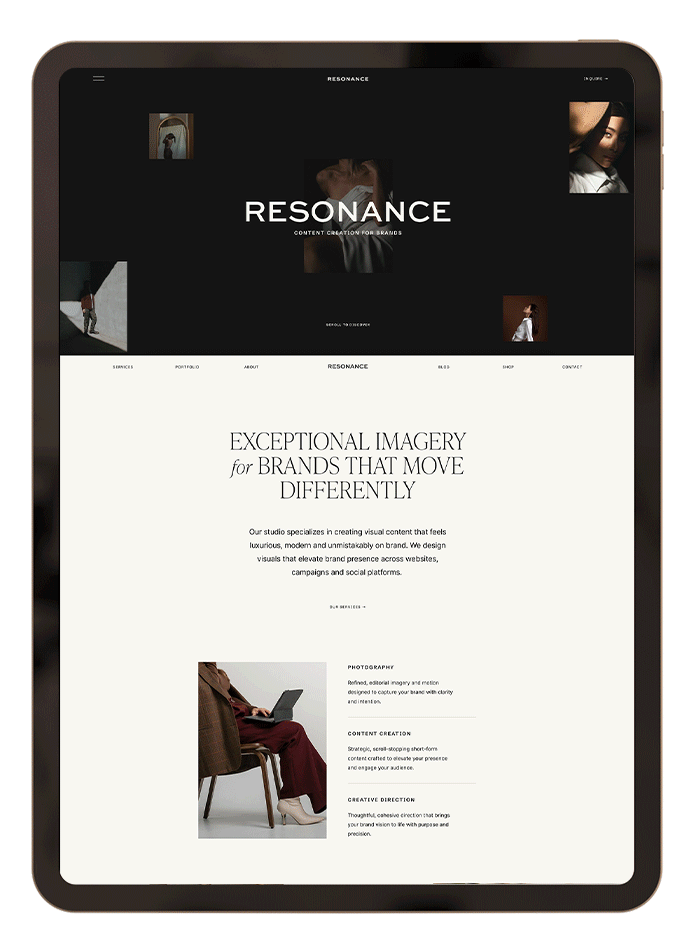 Resonance Squarespace template scrolling preview on iPad